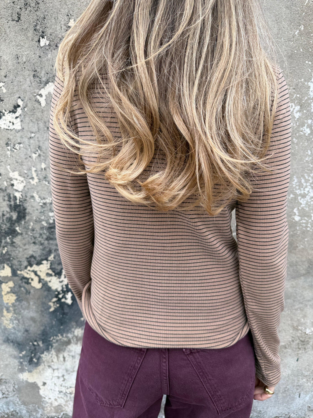 Polera algodón/ micropolar rayada  camel