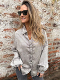 Blusa de bluejean manga globo gris clara