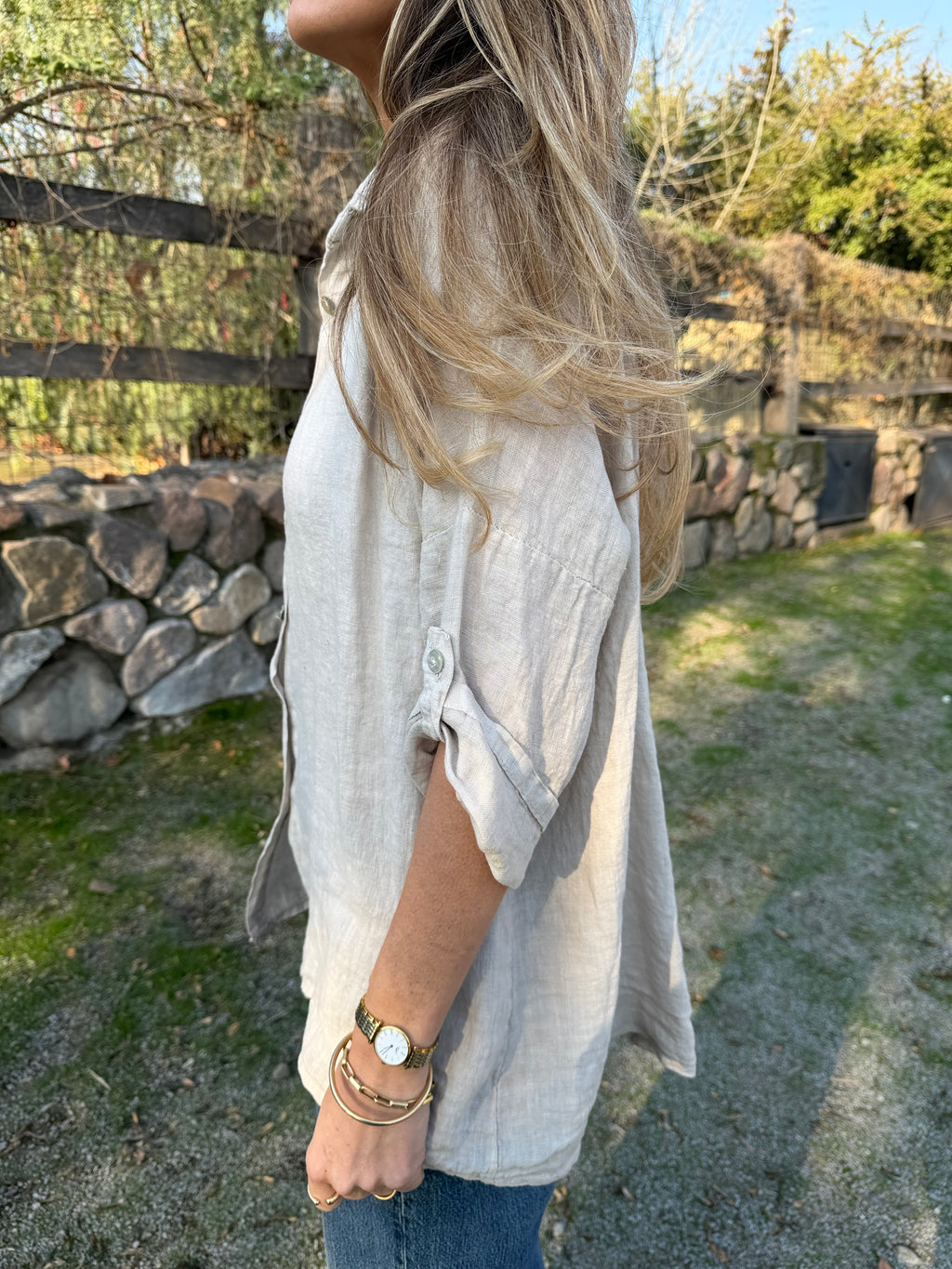 Blusón 100% lino camisera beige