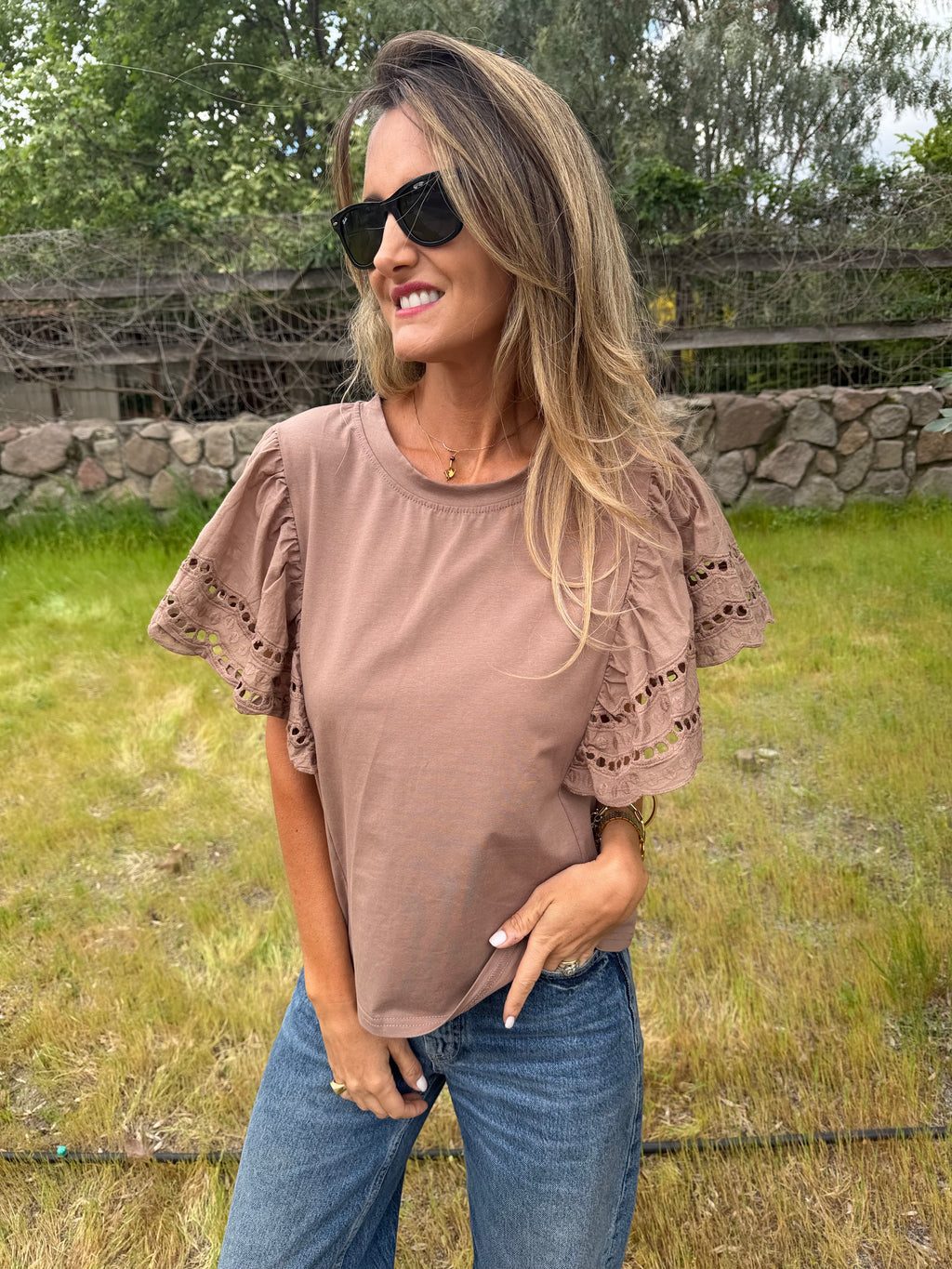 Polera mangas broderie café