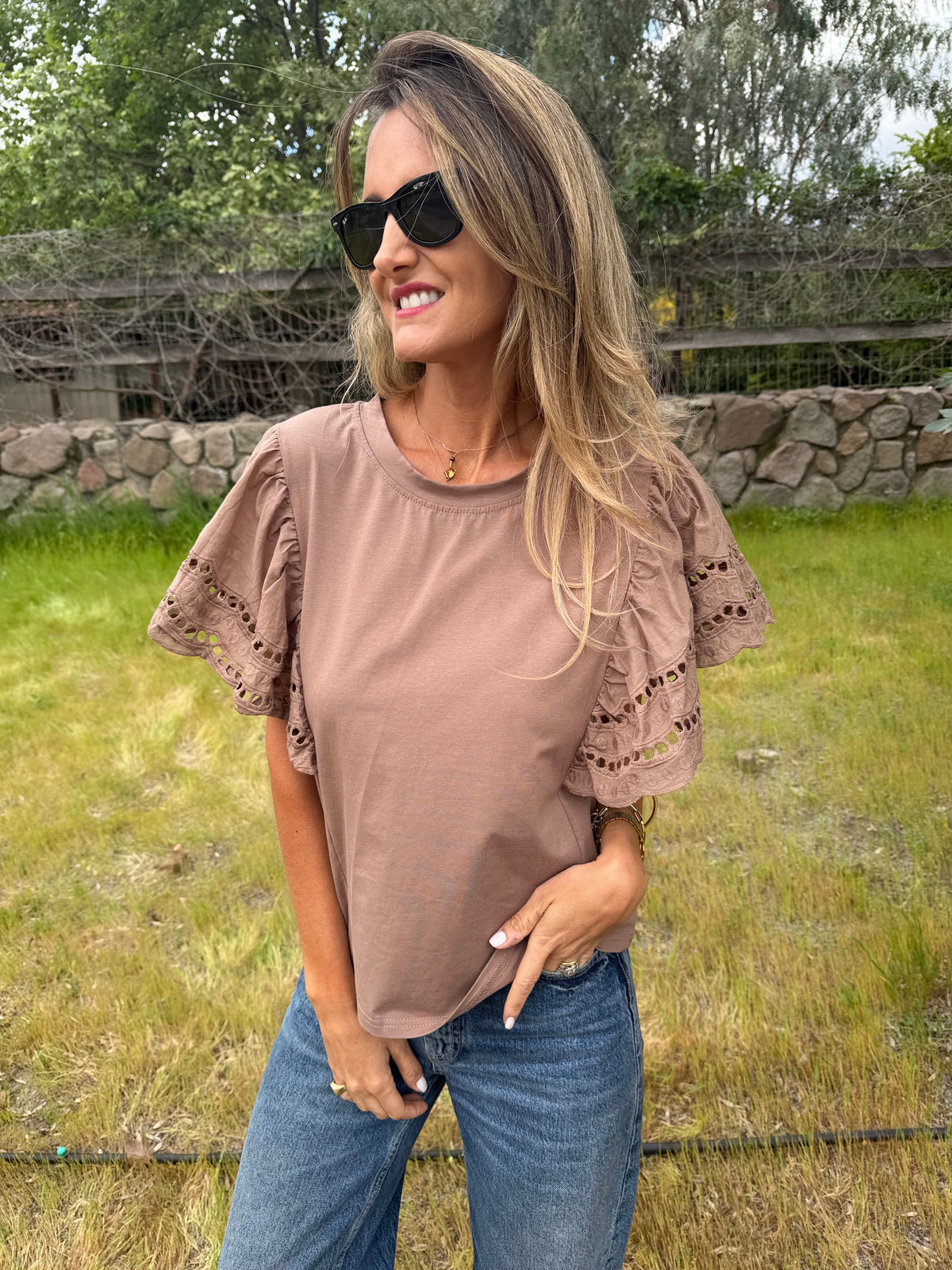 Polera mangas broderie café