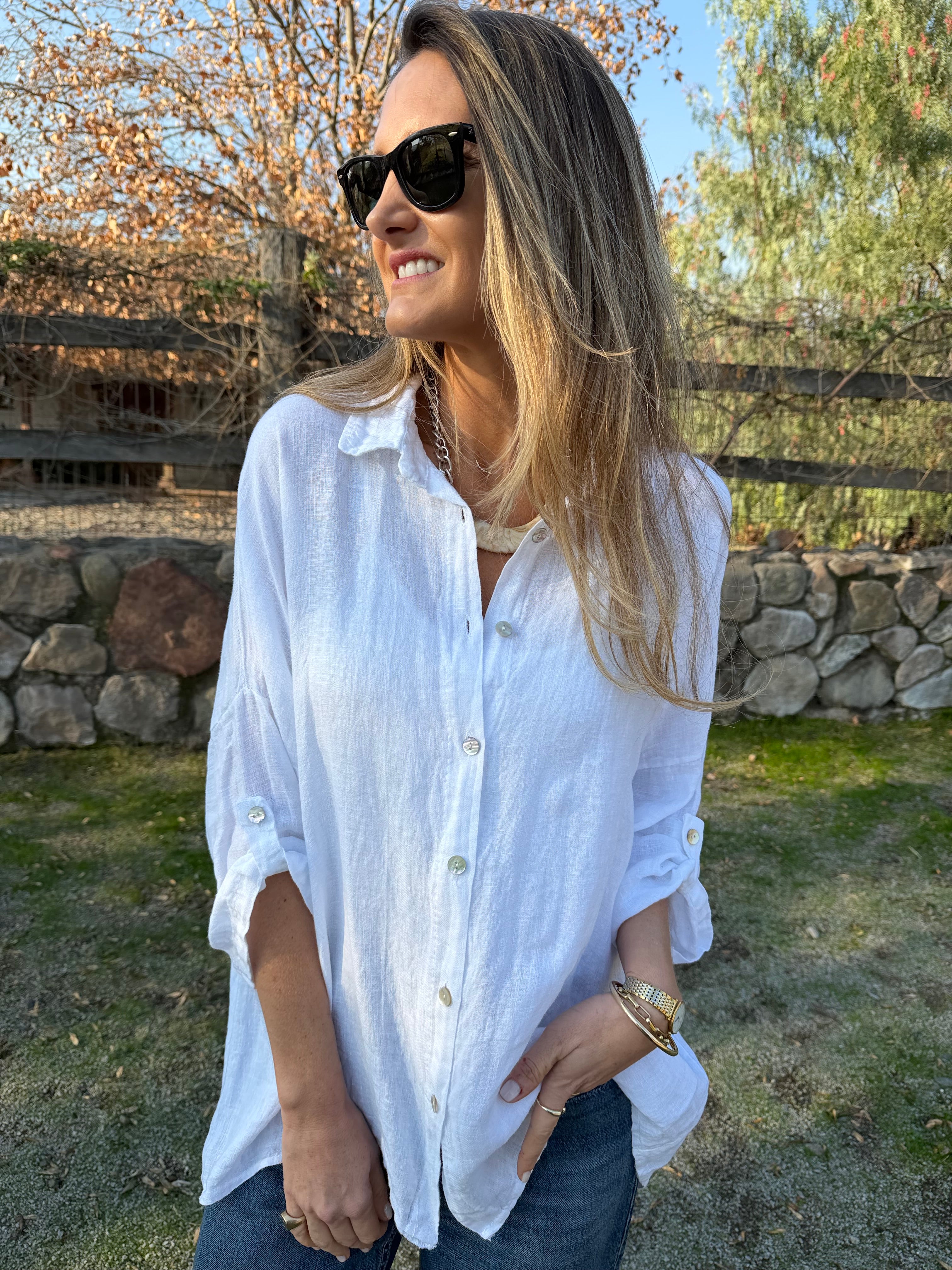 Blusón 100% lino camisera blanca