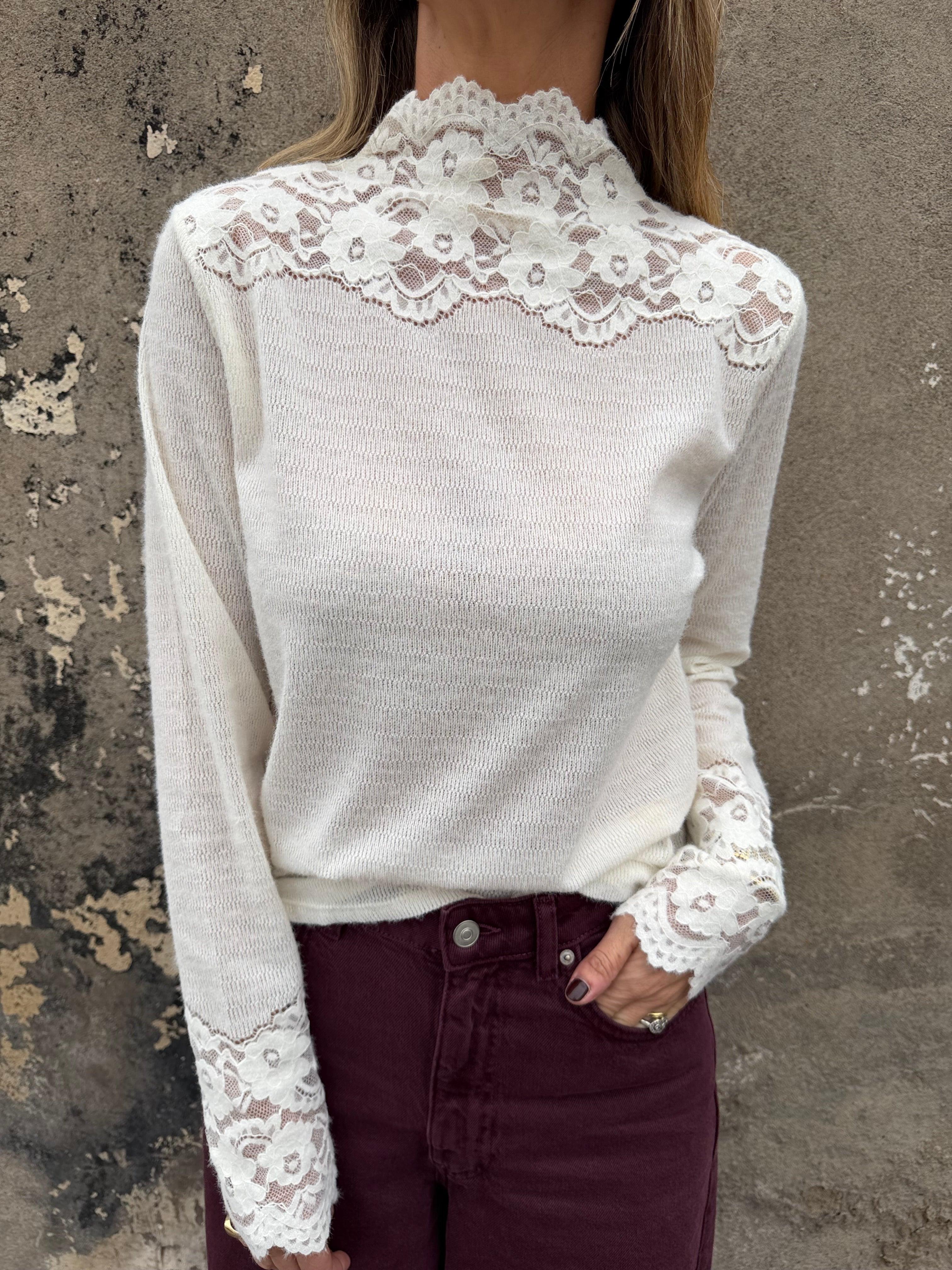 Polera lanilla encaje blanca