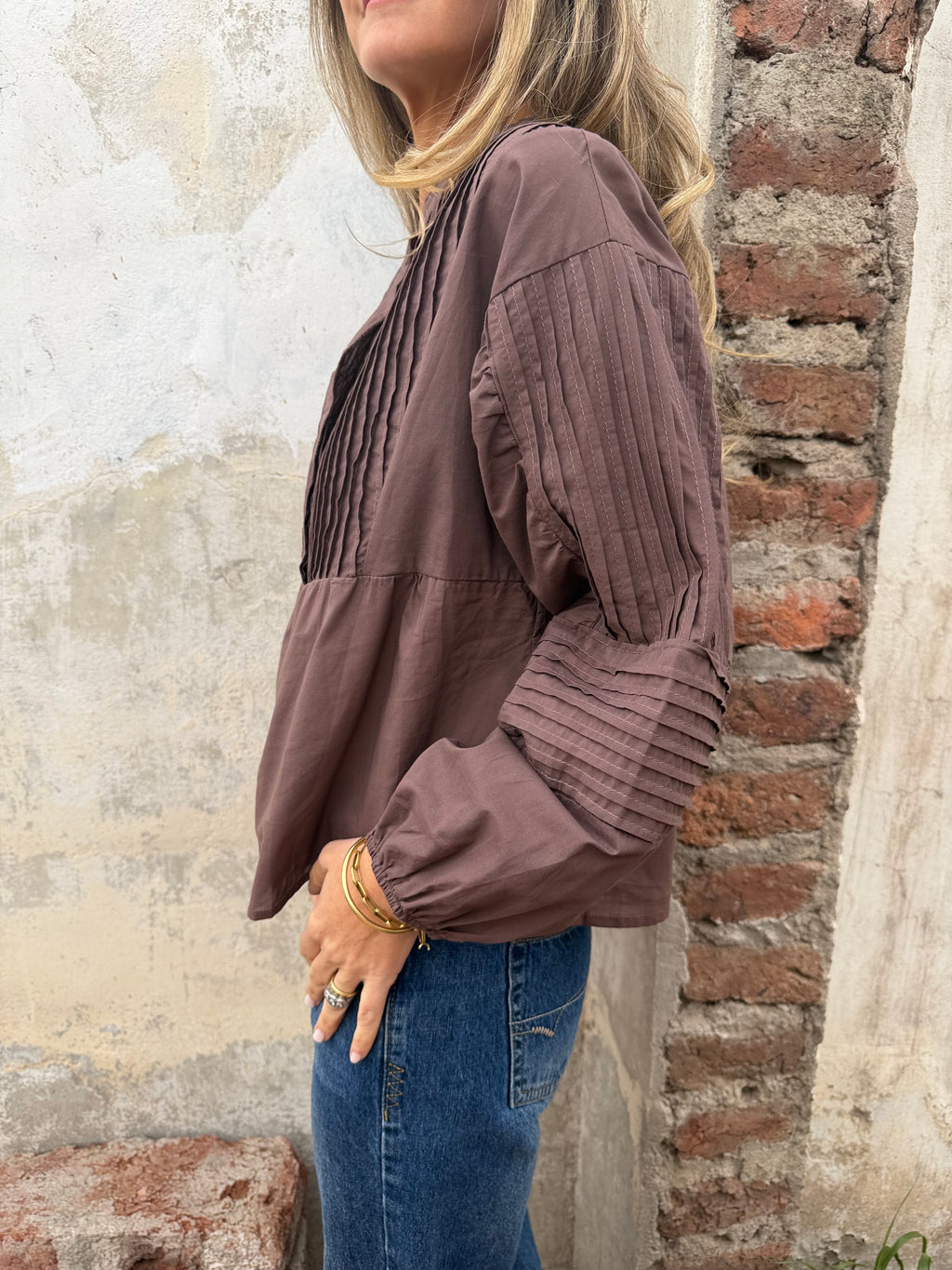 Blusa manga globo detalles chocolate