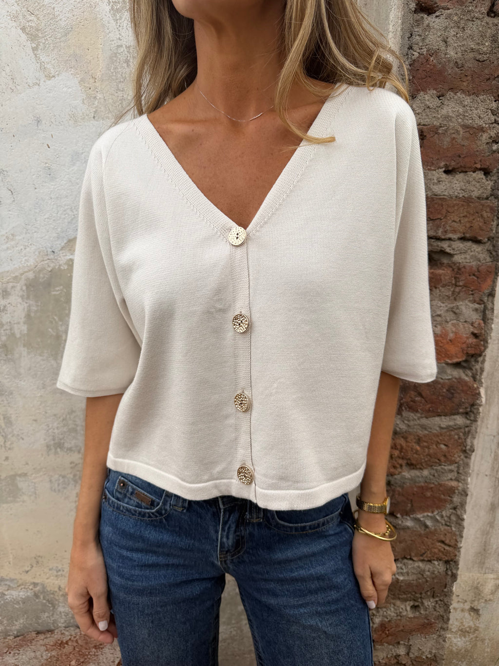 Polera/ Chaleco hilo brillos sutiles blanco