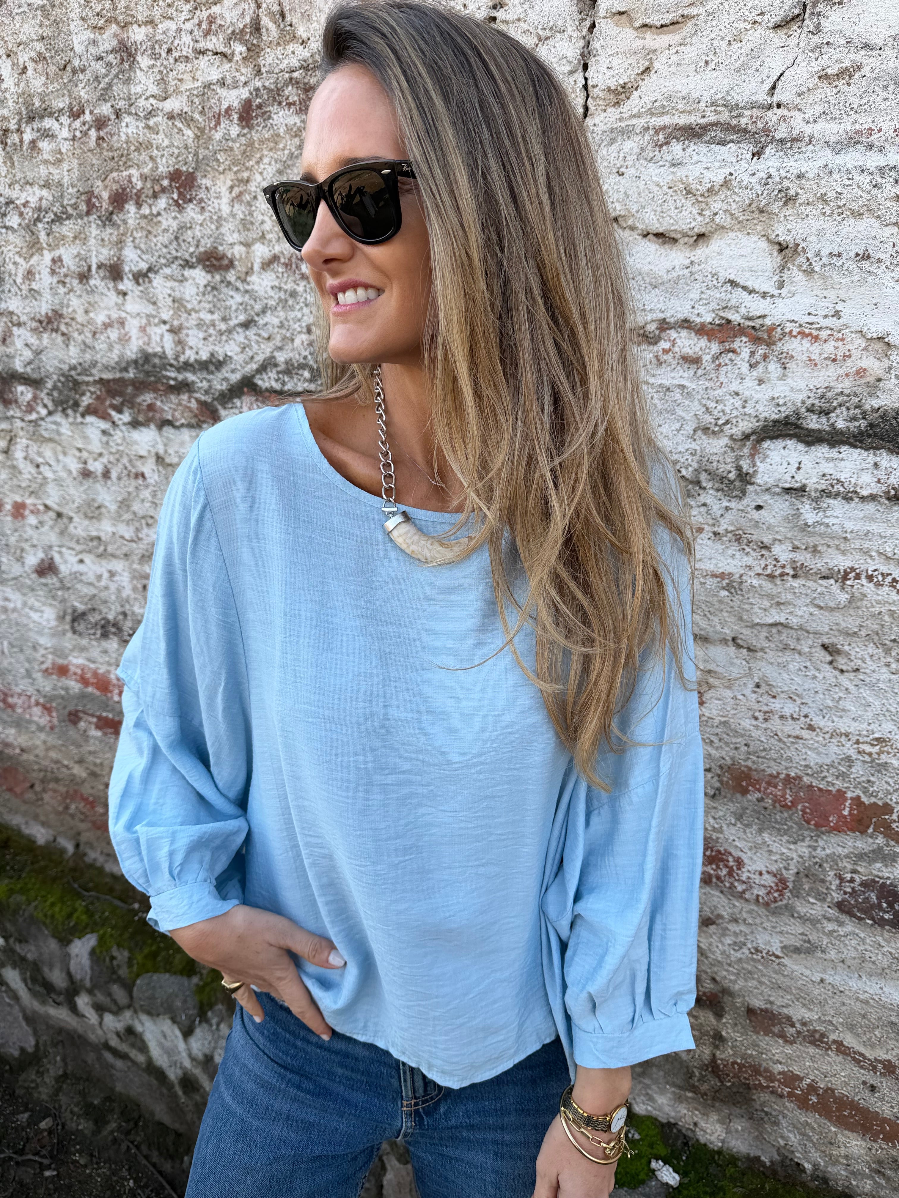 Blusa rayón manguitas globo celeste