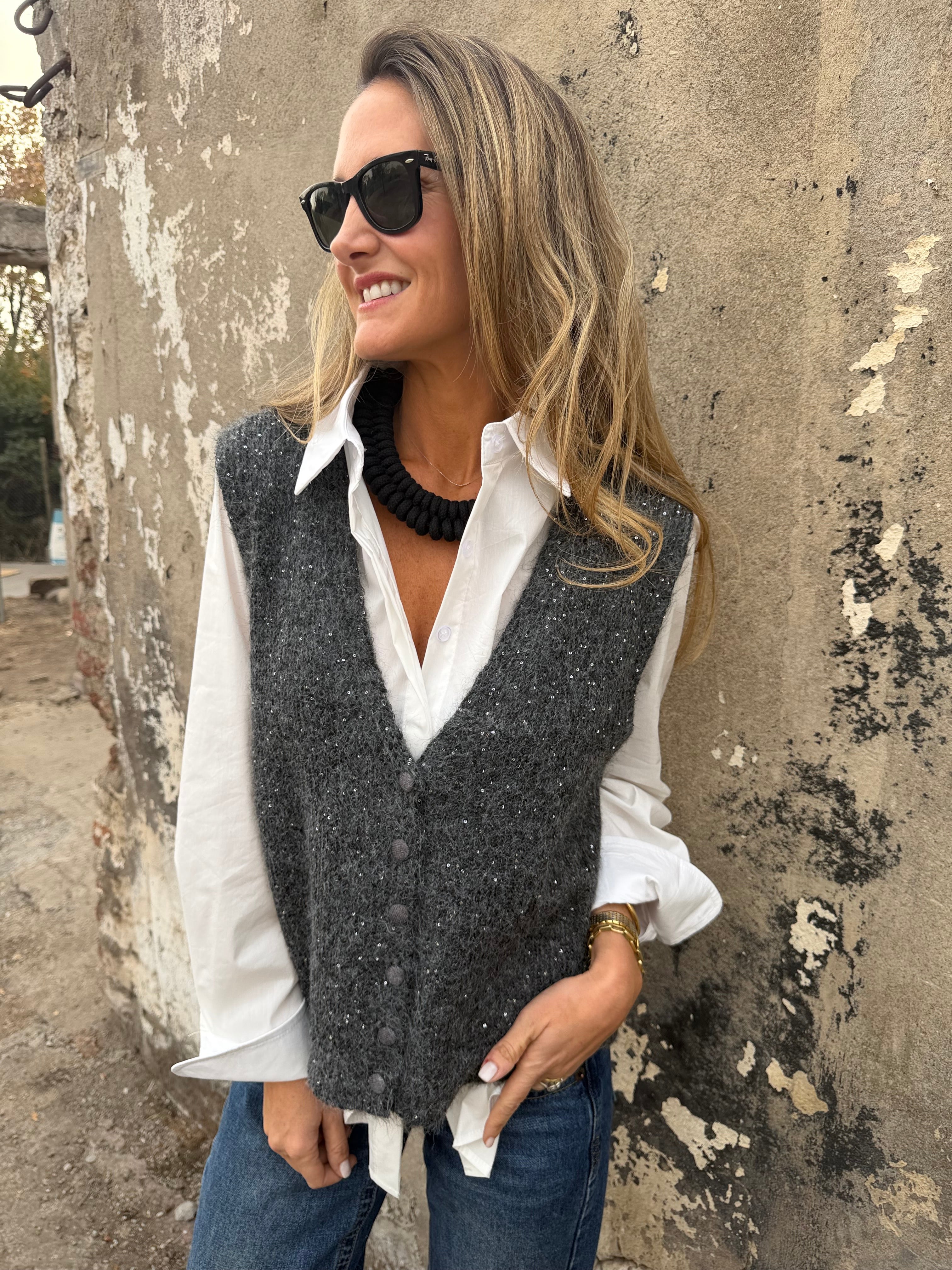 Chaleco sin mangas mini lentejuelas gris