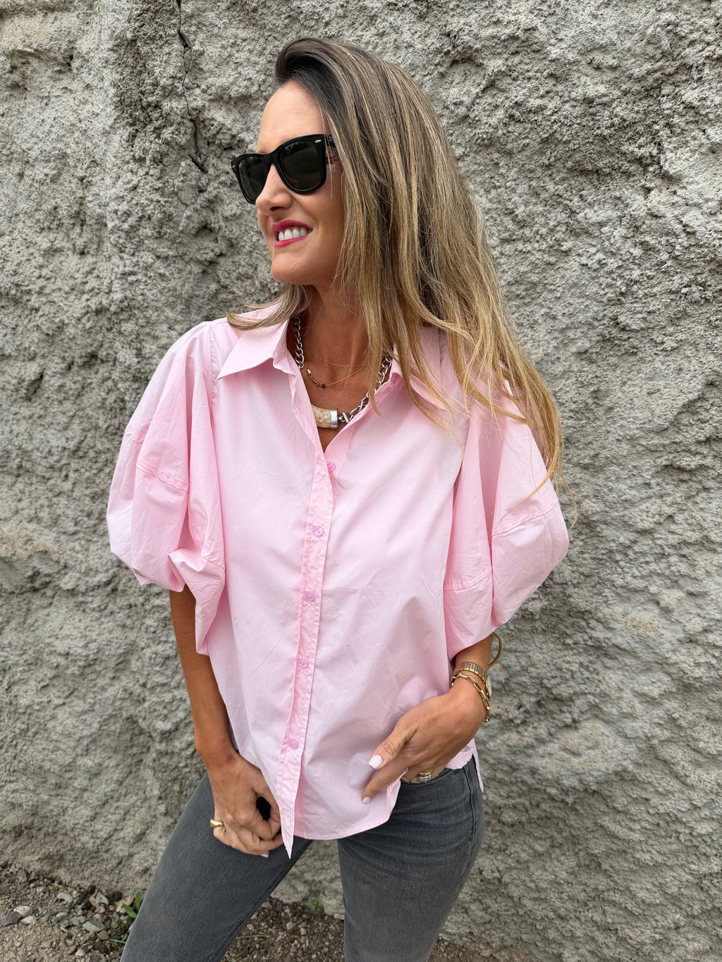 Blusa manga extra abullonadas rosado claro