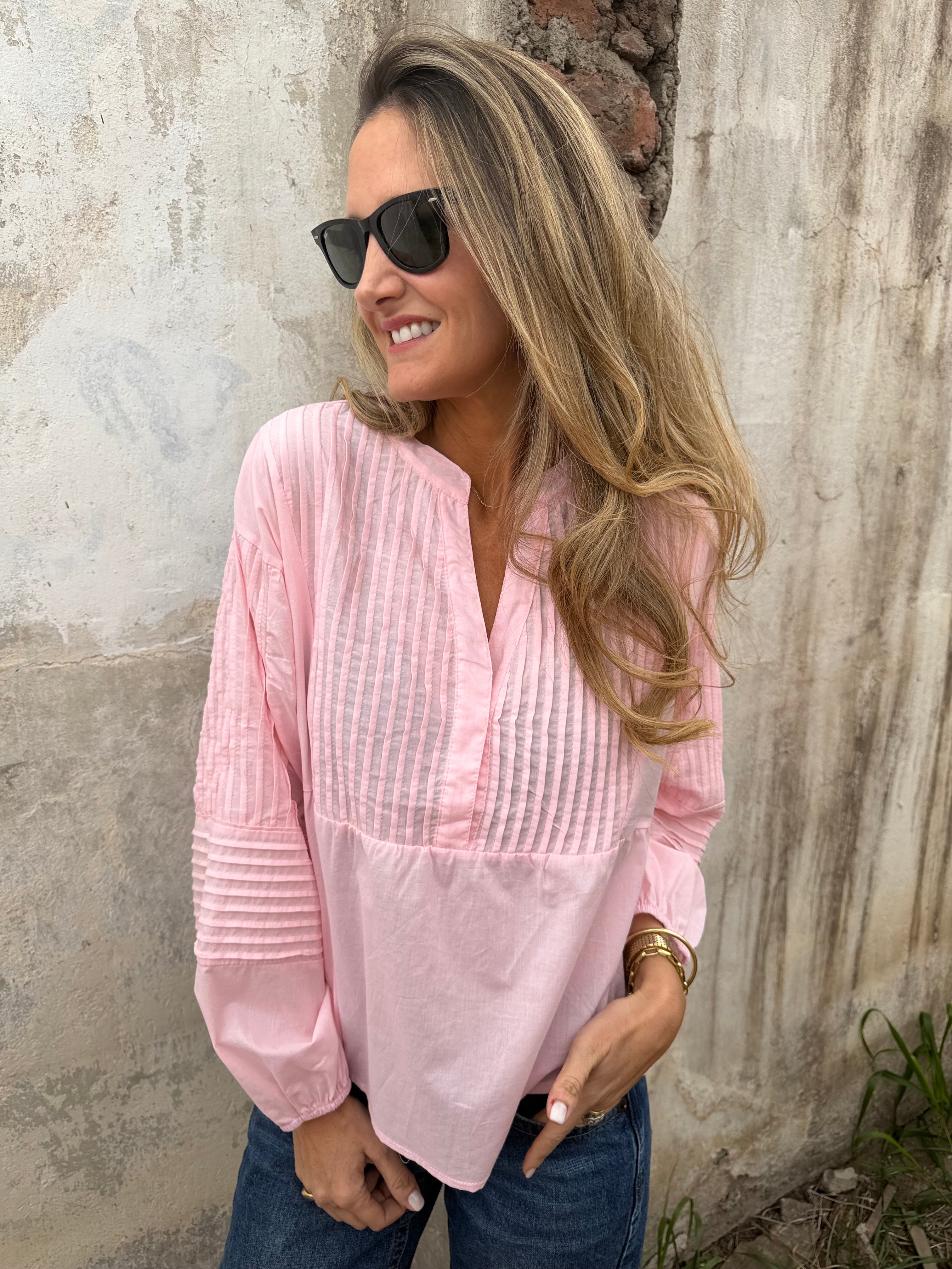 Blusa manga globo detalles rosada