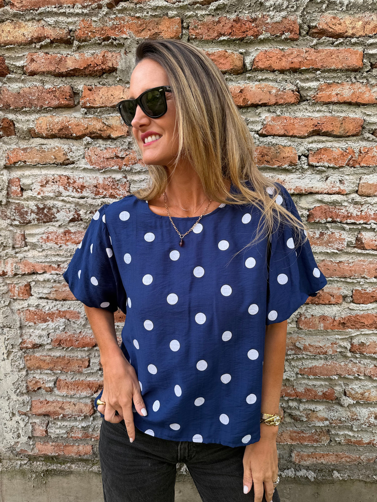Blusa lunares mangas abullonadas azul