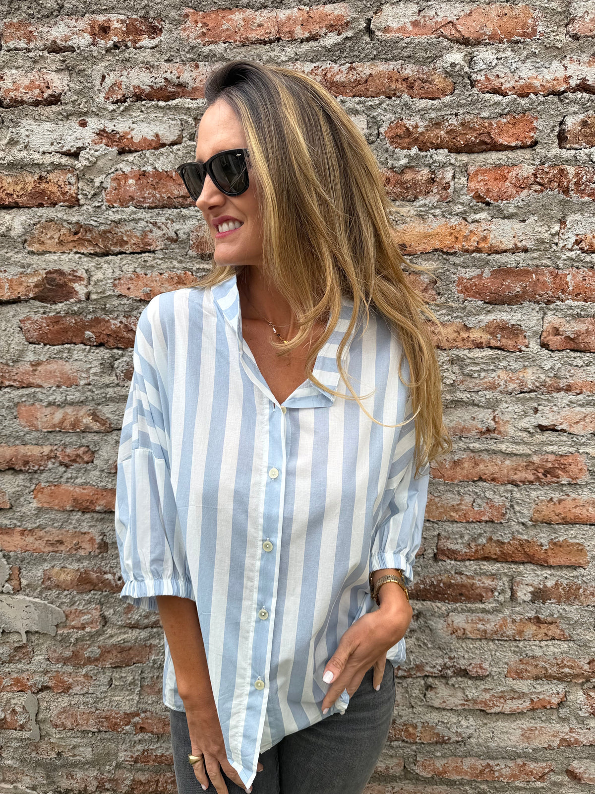 Blusa mega rayas manga globo celeste