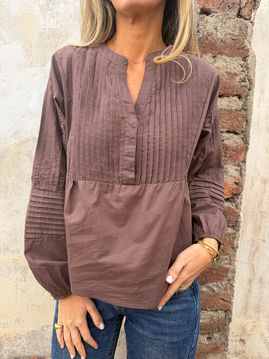Blusa manga globo detalles chocolate