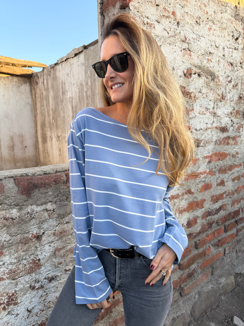 Polera algodón rayas celeste