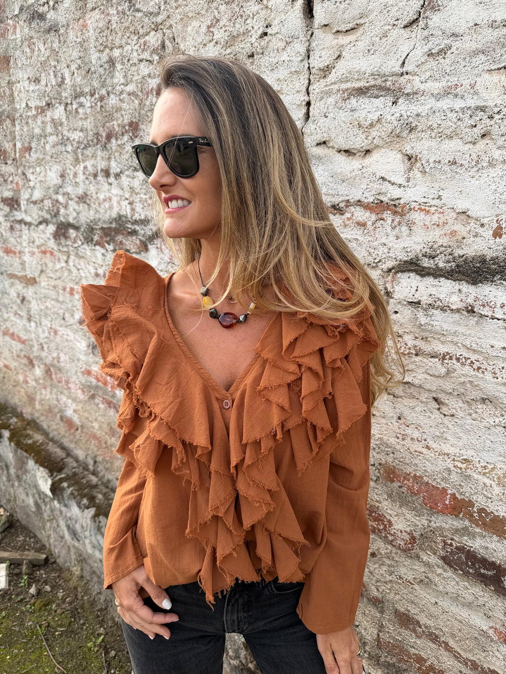 Blusa super vuelos rústica terracota