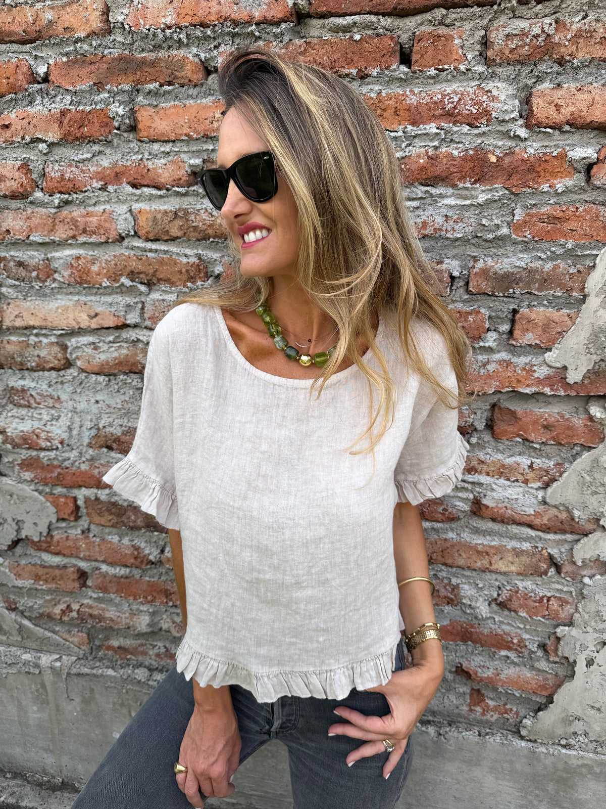 Blusa 100% lino vuelitos beige claro