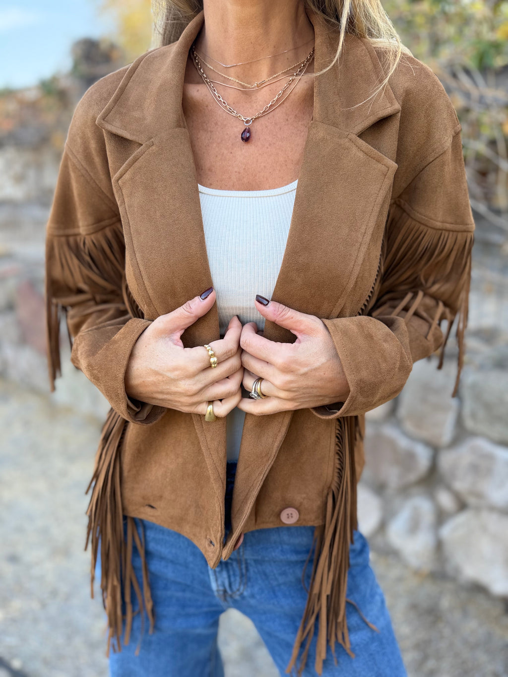 Chaqueta flecos camel