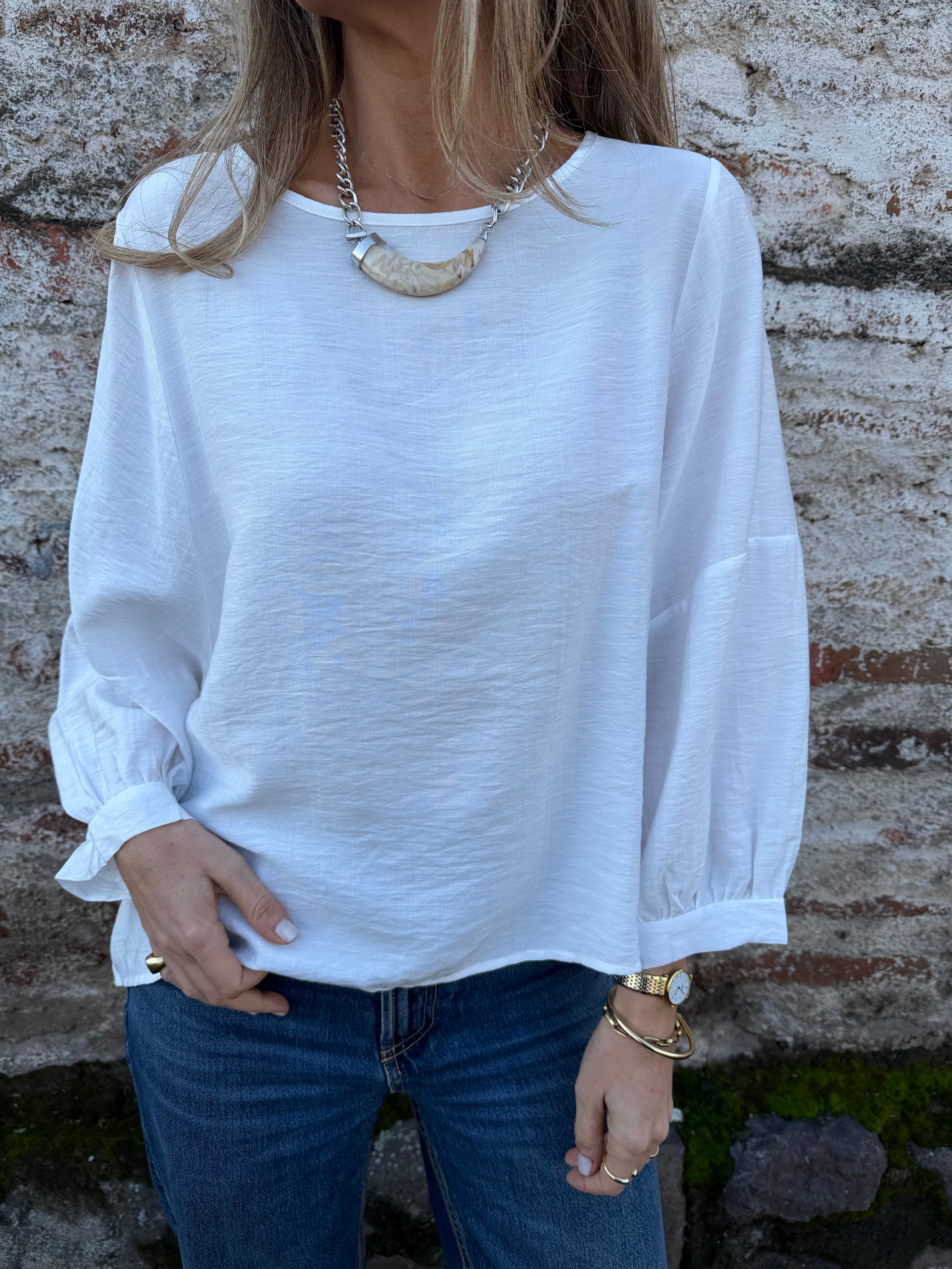 Blusa rayón manguitas globo blanca