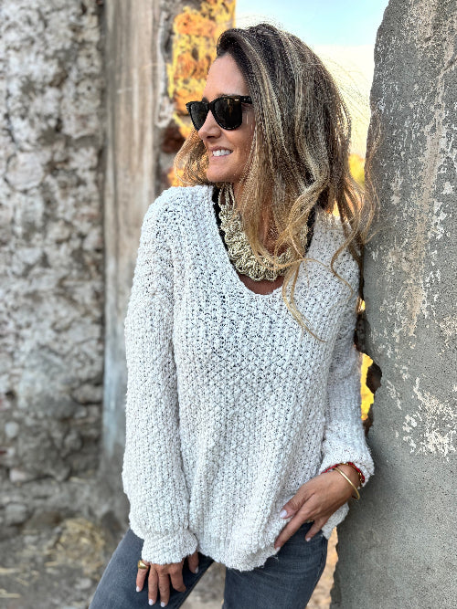 New chaleco V lana chenille crudo