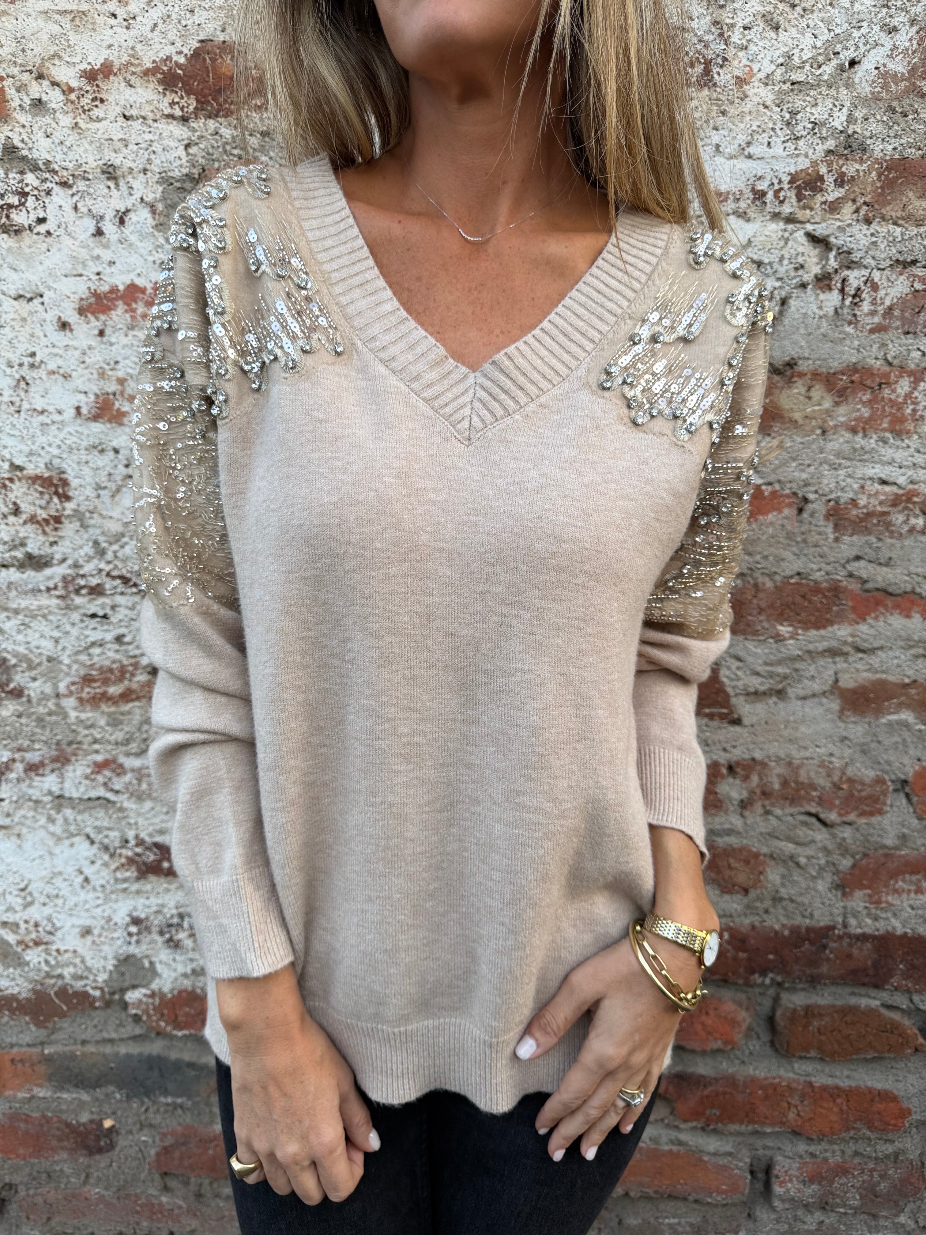 Chaleco cristales, lentejuelas y mostacillas beige claro