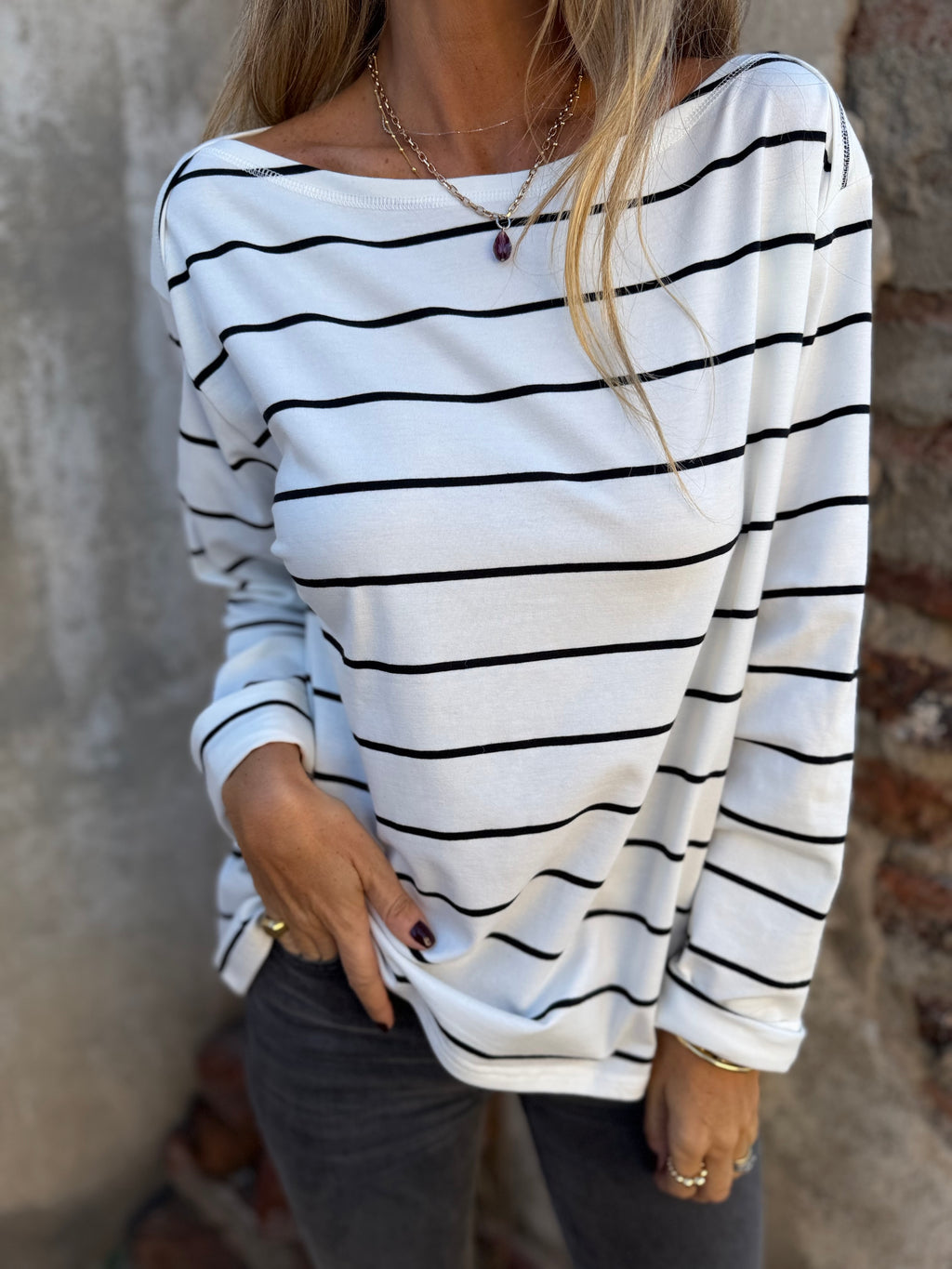 Polera algodón rayas blanca