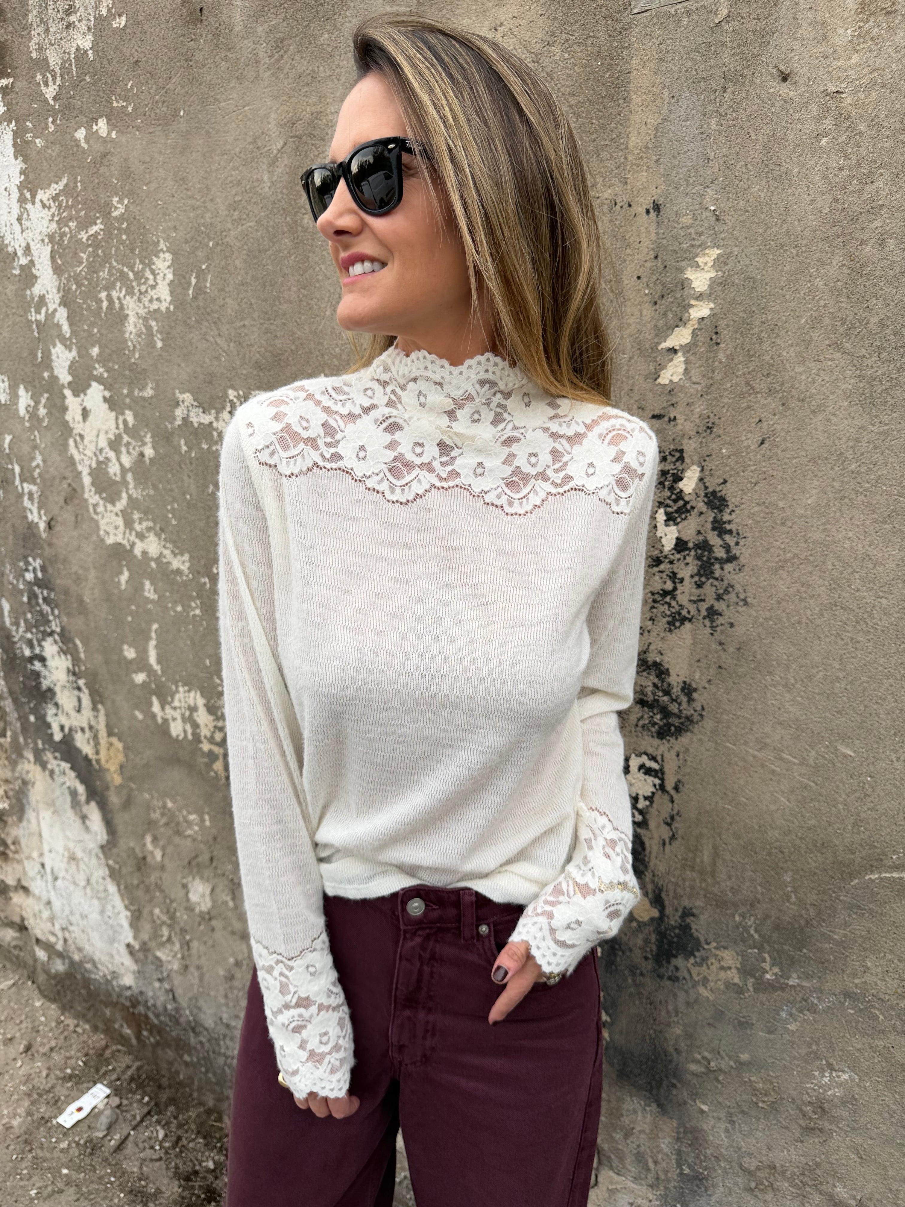 Polera lanilla encaje blanca