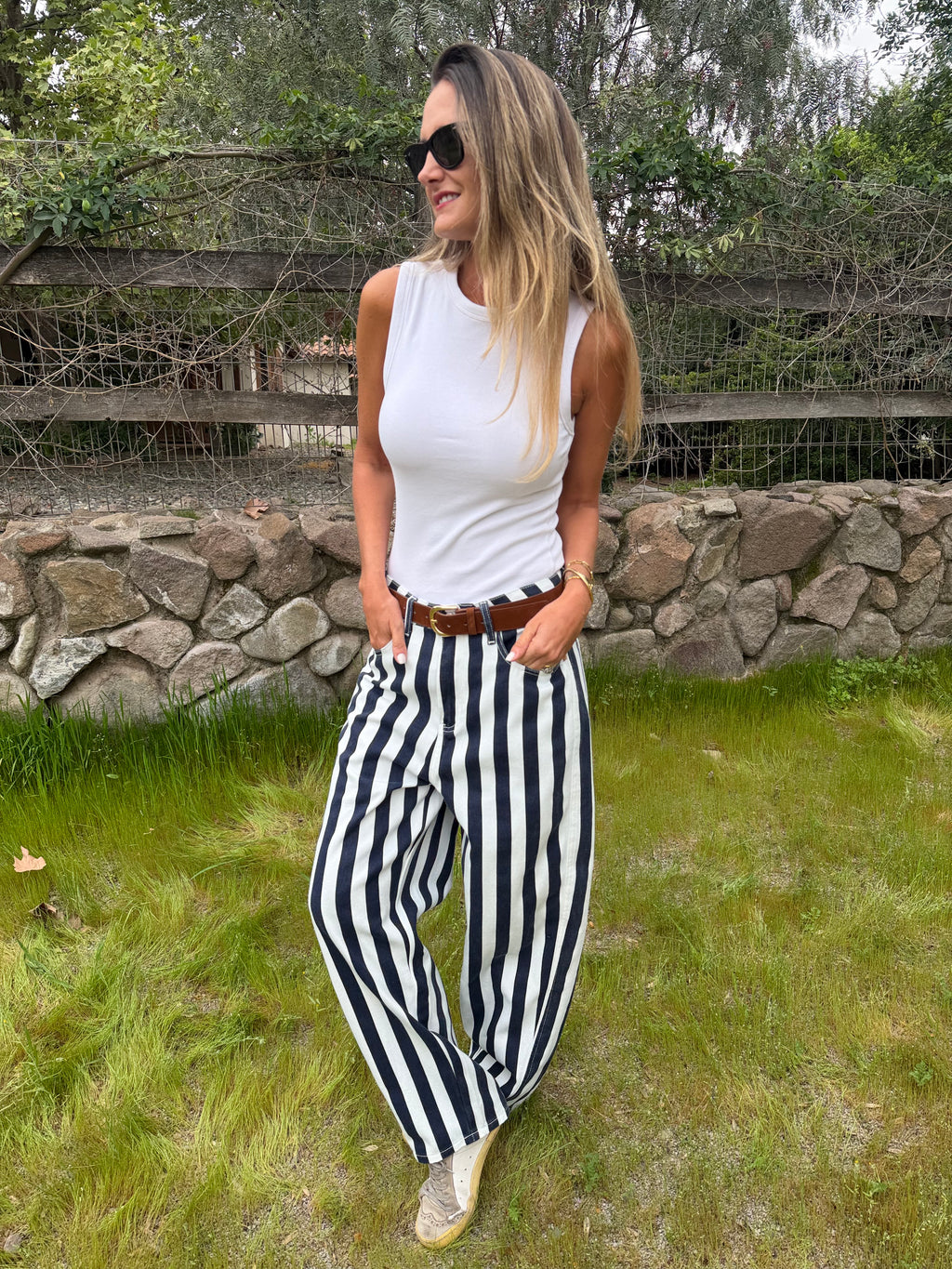Pantalón barrel rayas azul