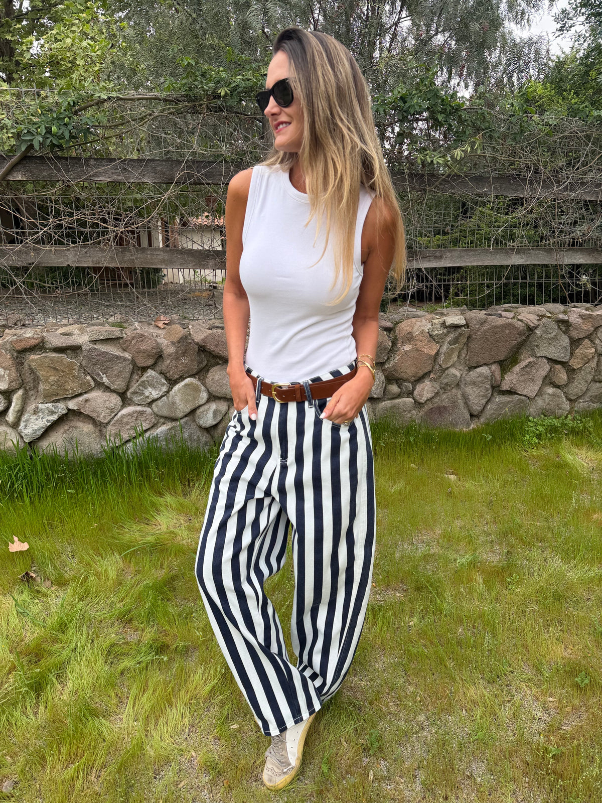 Pantalón barrel rayas azul