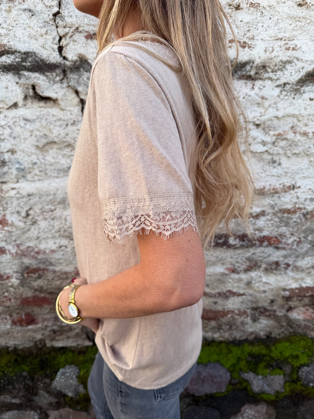 Polera algodón rústico encajes beige