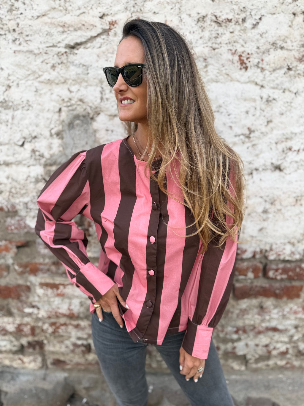 Blusa rayada café frambuesa