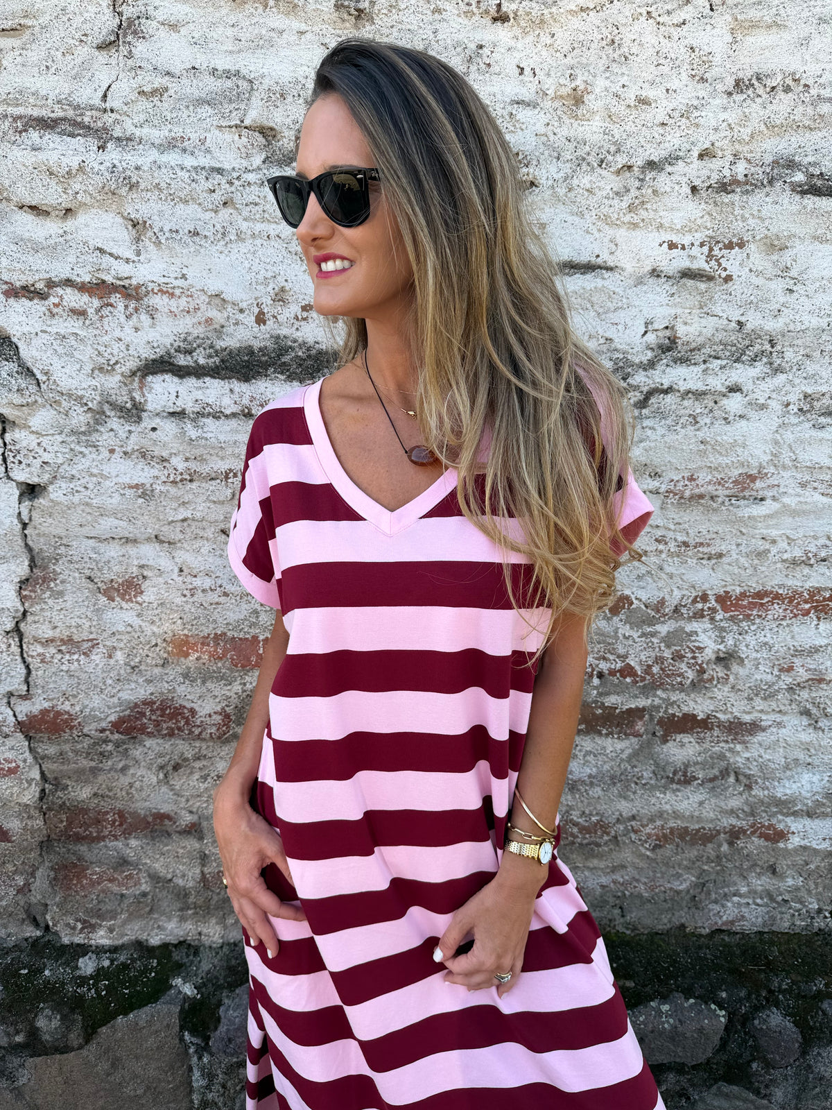 Vestido rayas burdeo