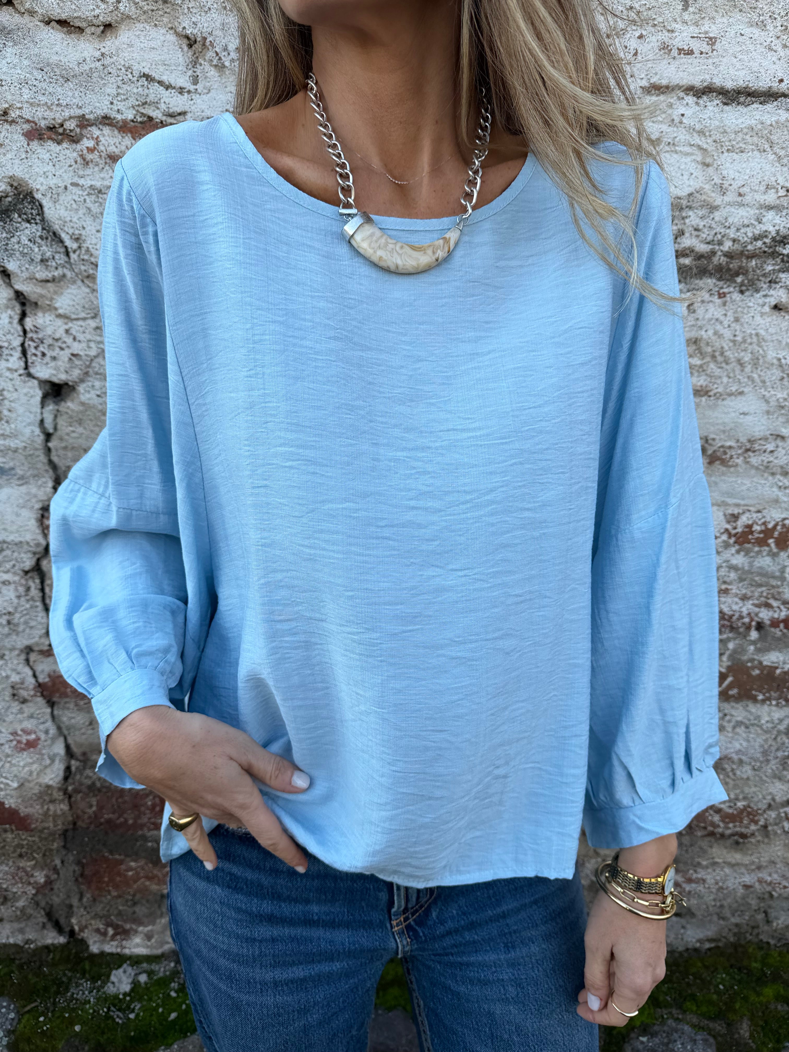 Blusa rayón manguitas globo celeste