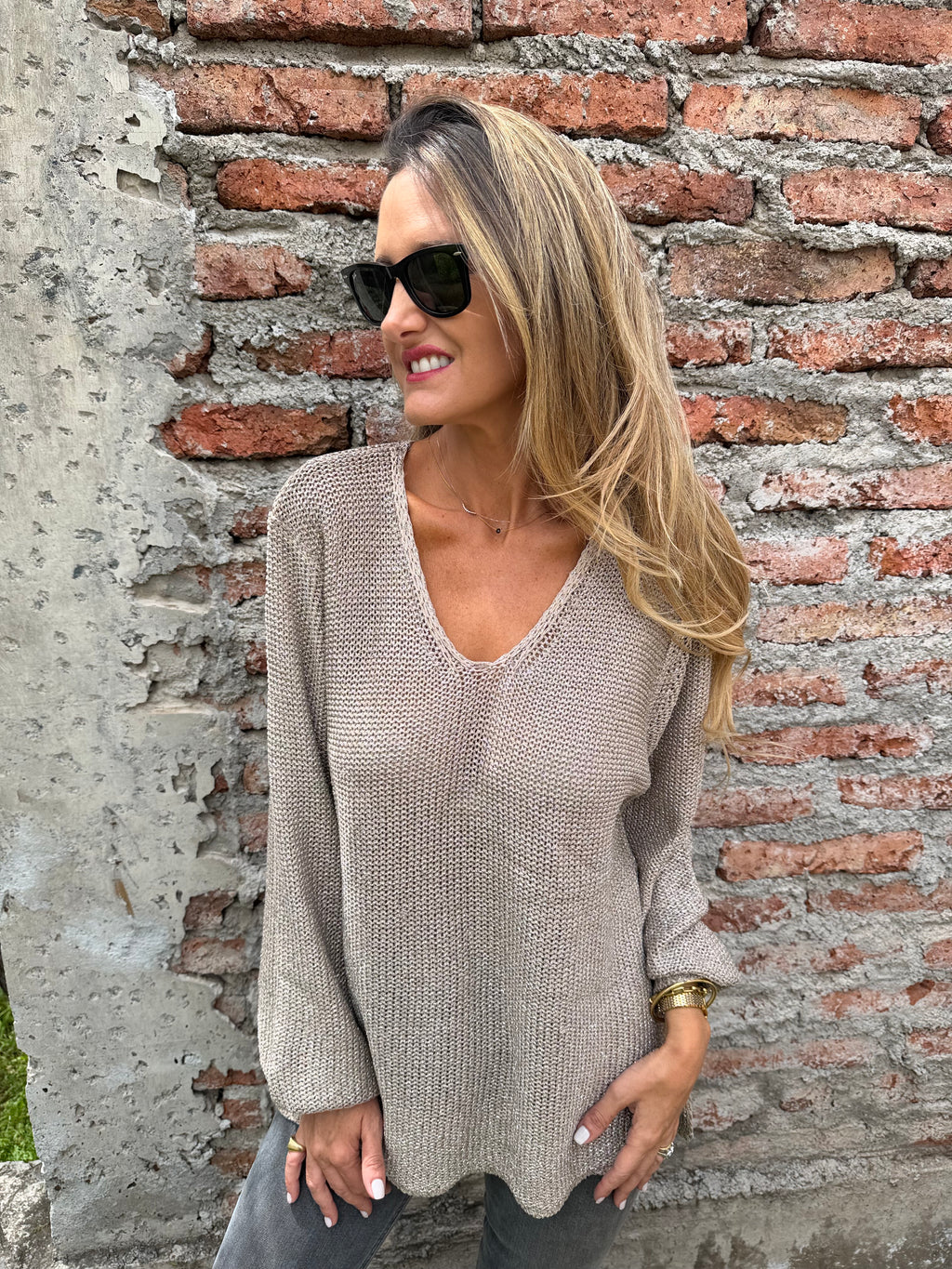 Chaleco lurex manga aglobada camel