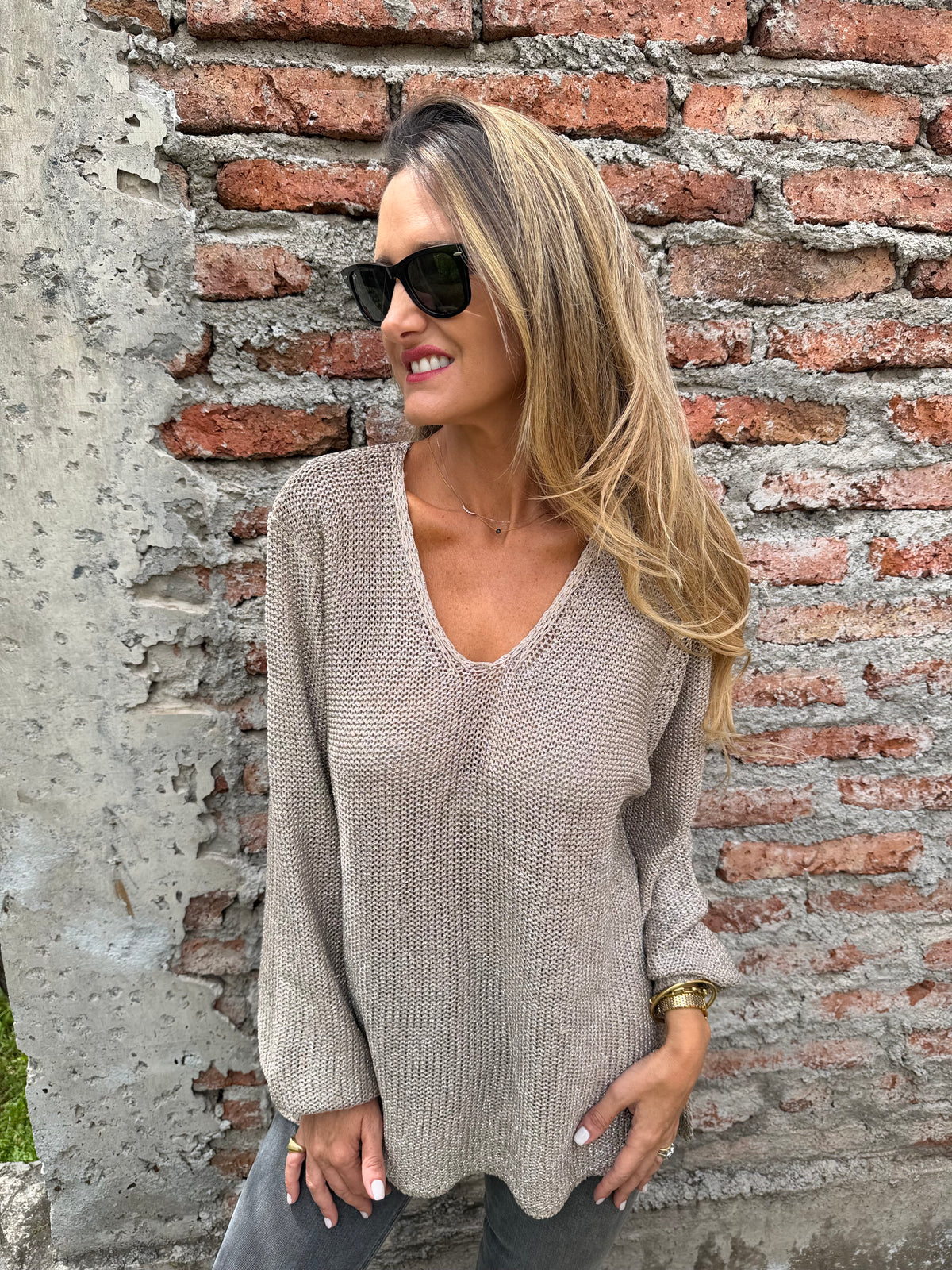 Chaleco lurex manga aglobada camel