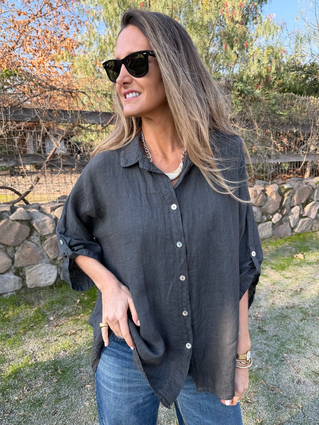 Blusón 100% lino camisera gris acero