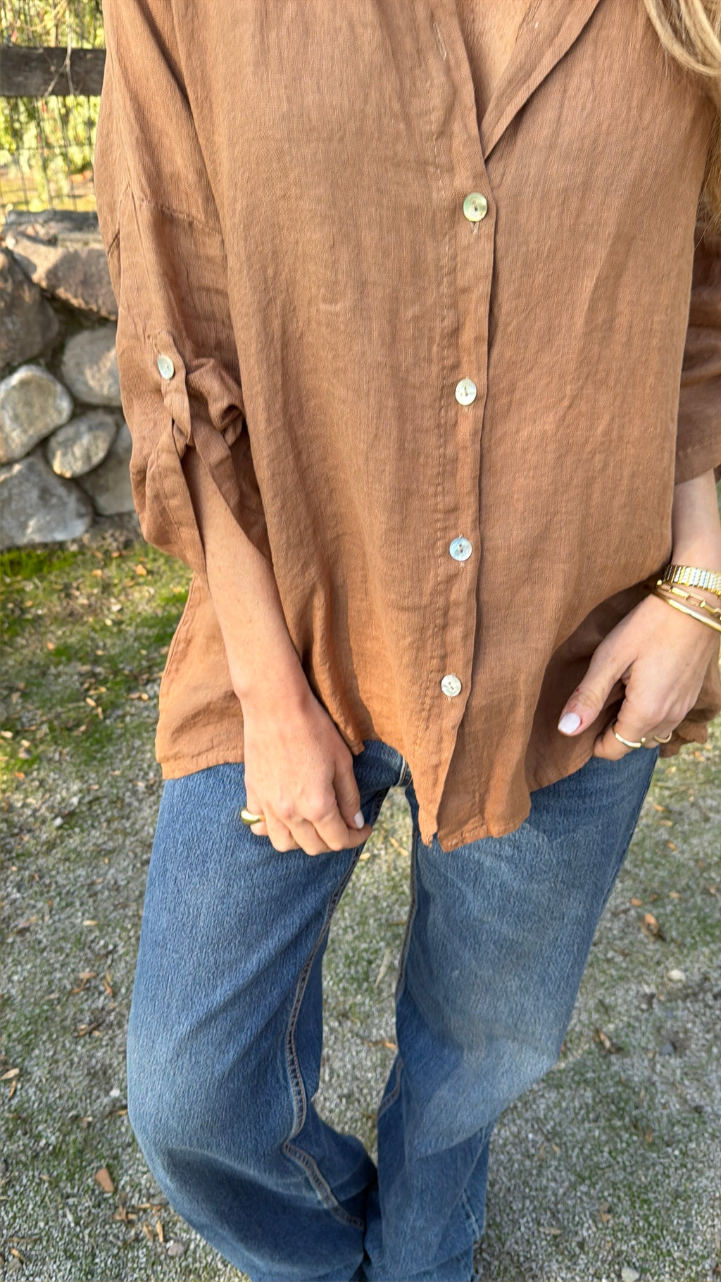Blusón 100% lino camisera camel