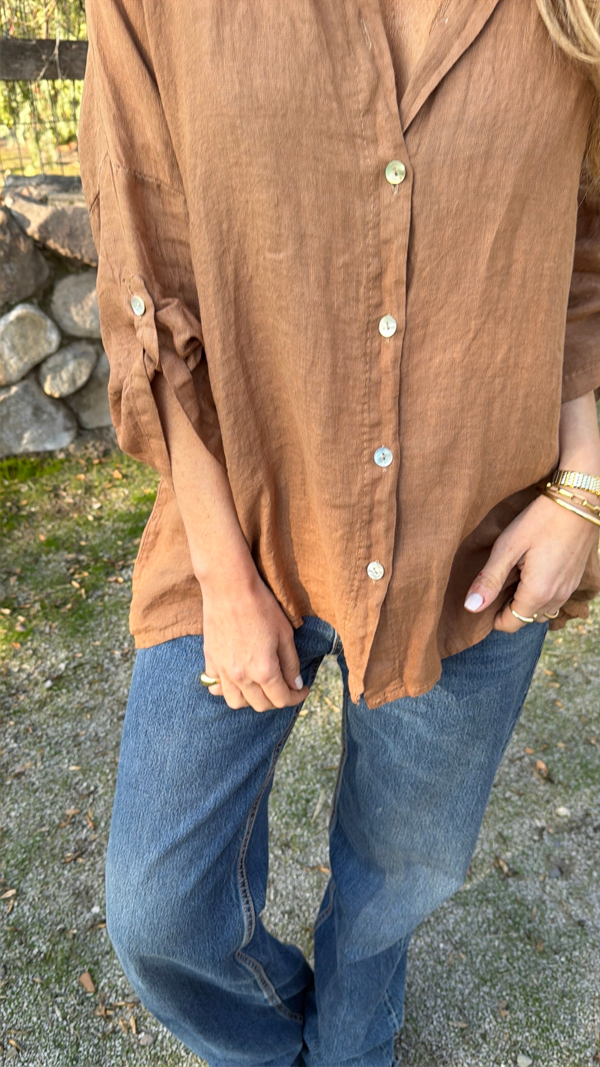 Blusón 100% lino camisera camel