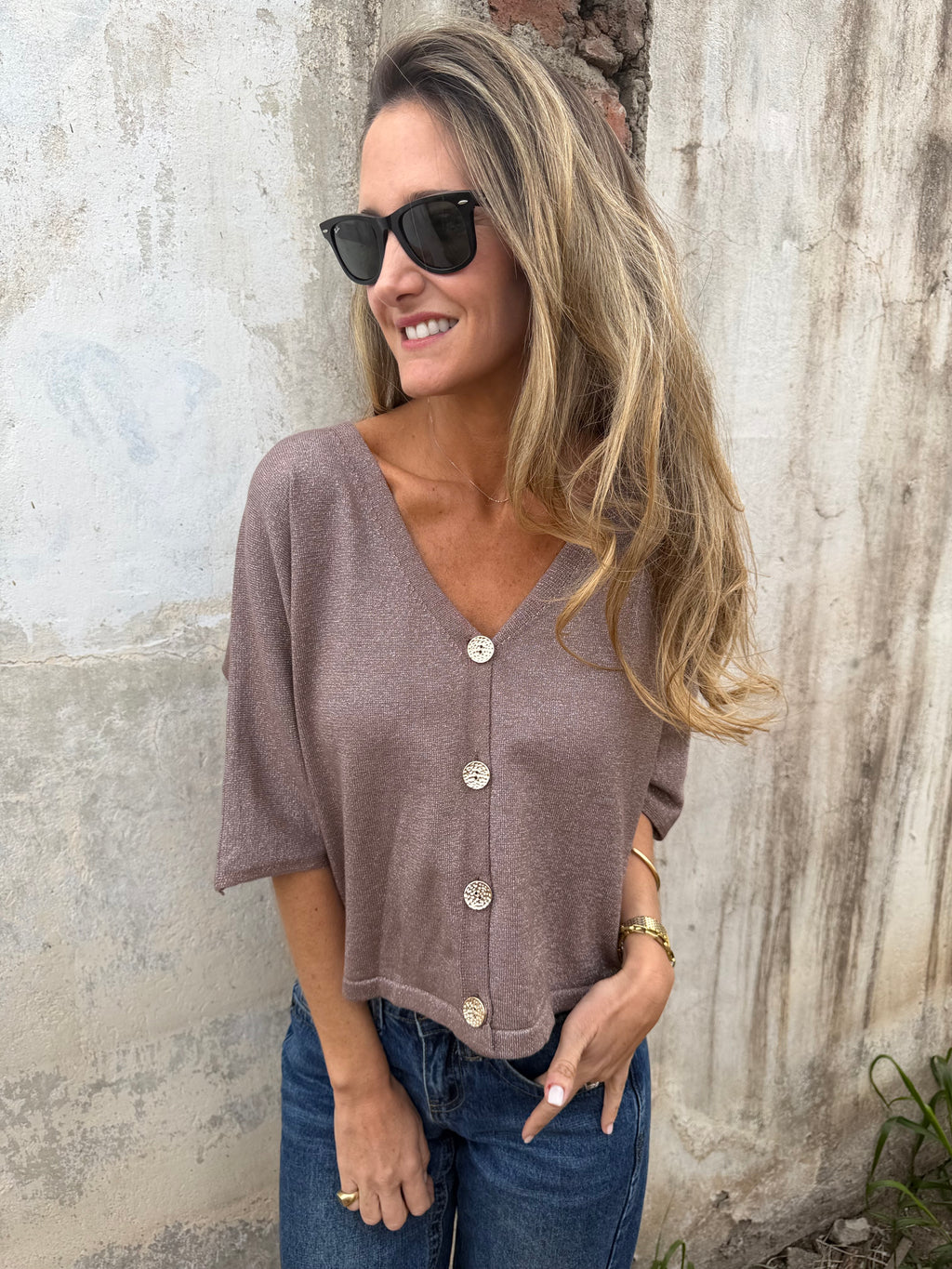 Polera/ Chaleco hilo brillos sutiles taupe