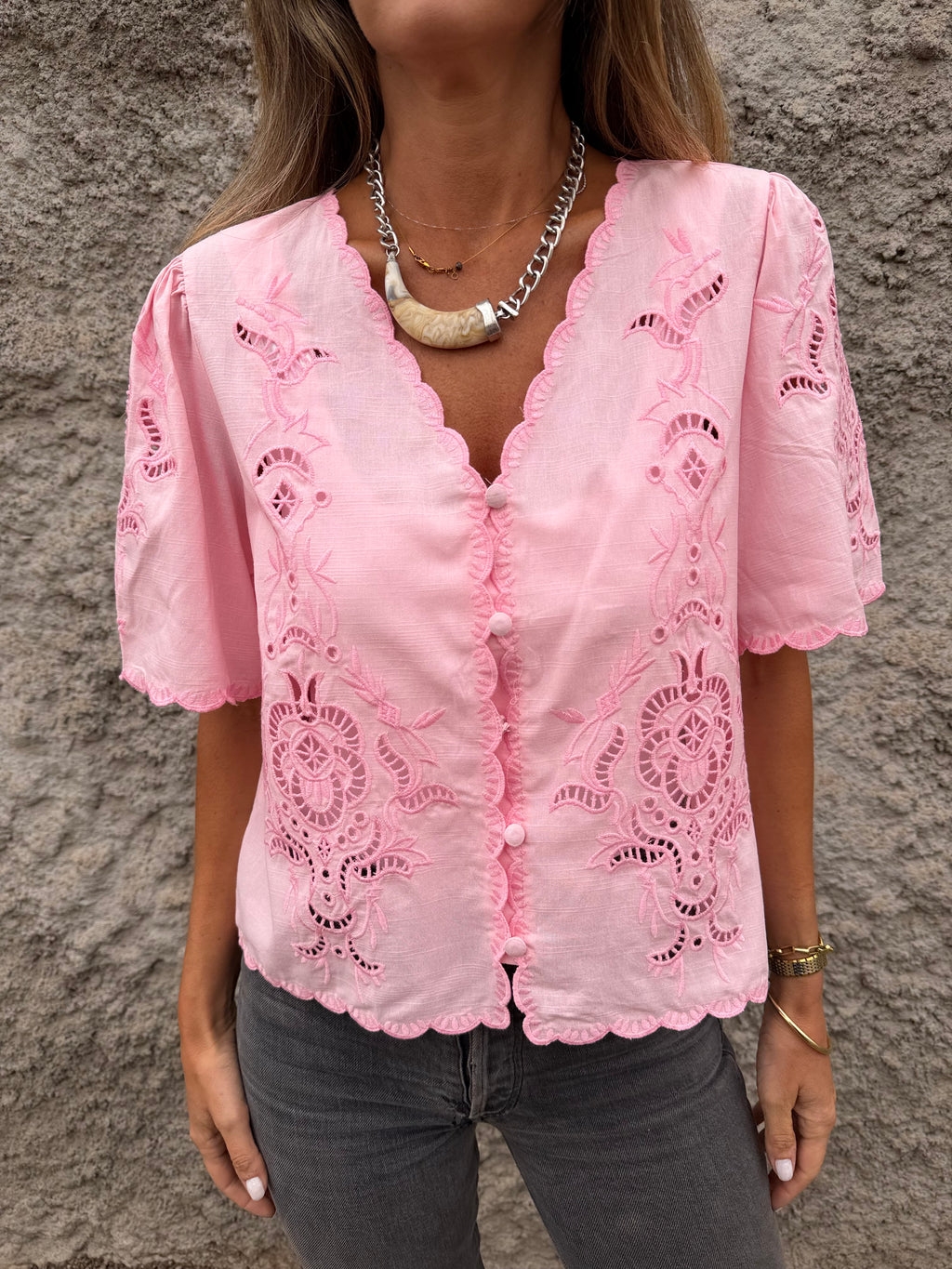 Blusa broderie completa rosada