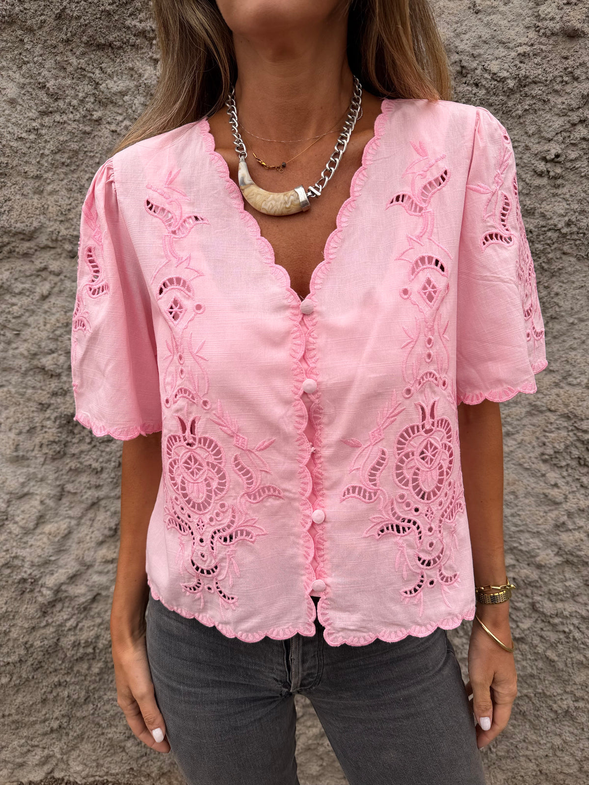 Blusa broderie completa rosada