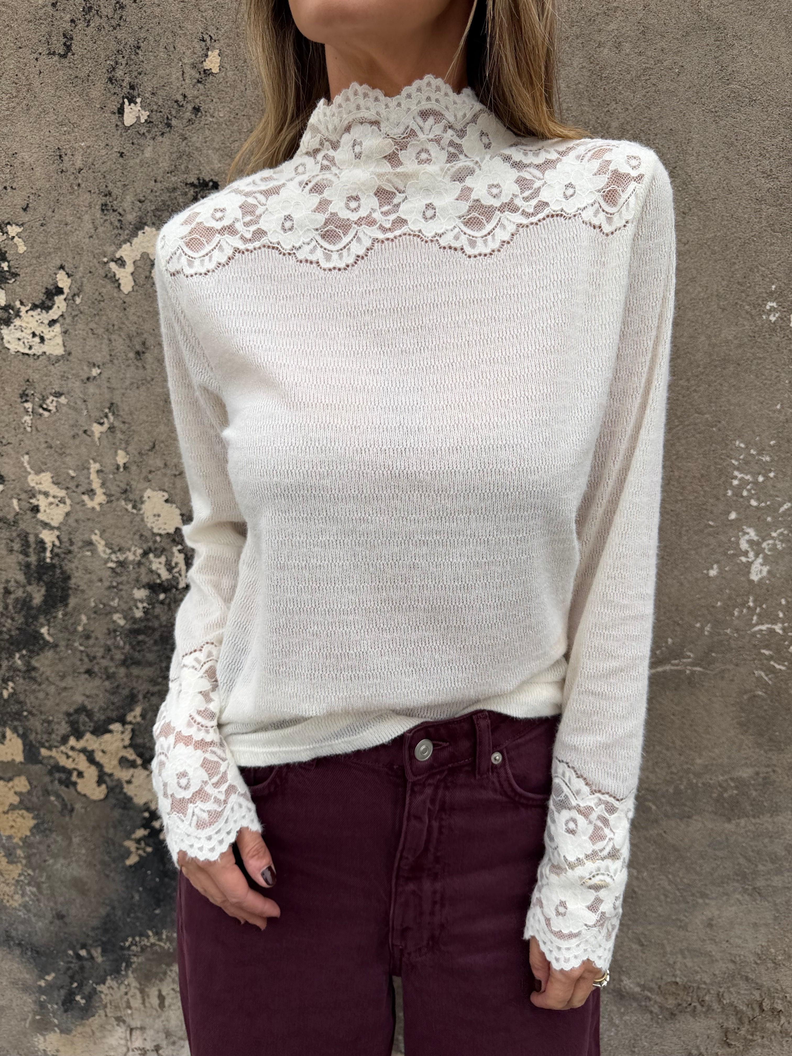 Polera lanilla encaje blanca
