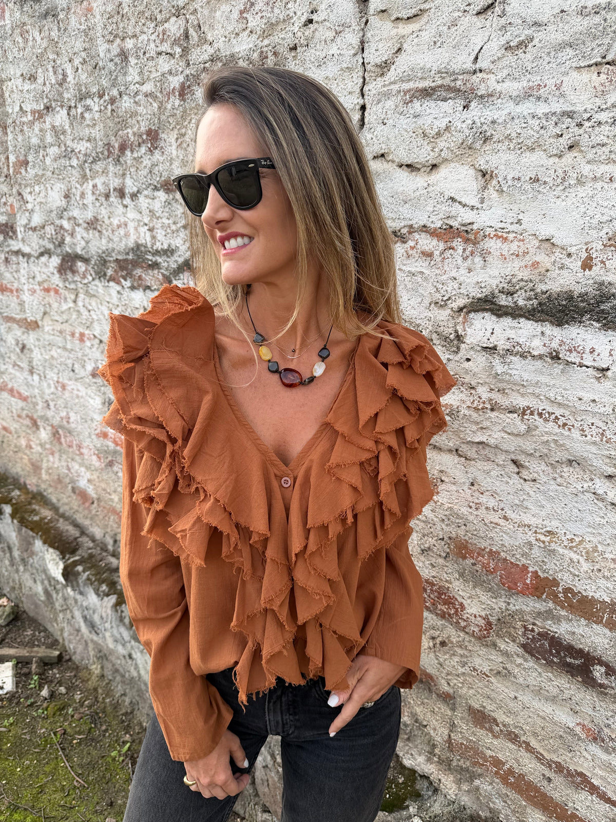 Blusa super vuelos rústica terracota