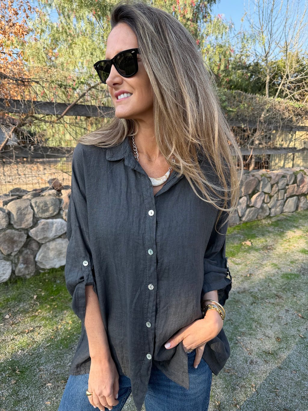 Blusón 100% lino camisera gris acero