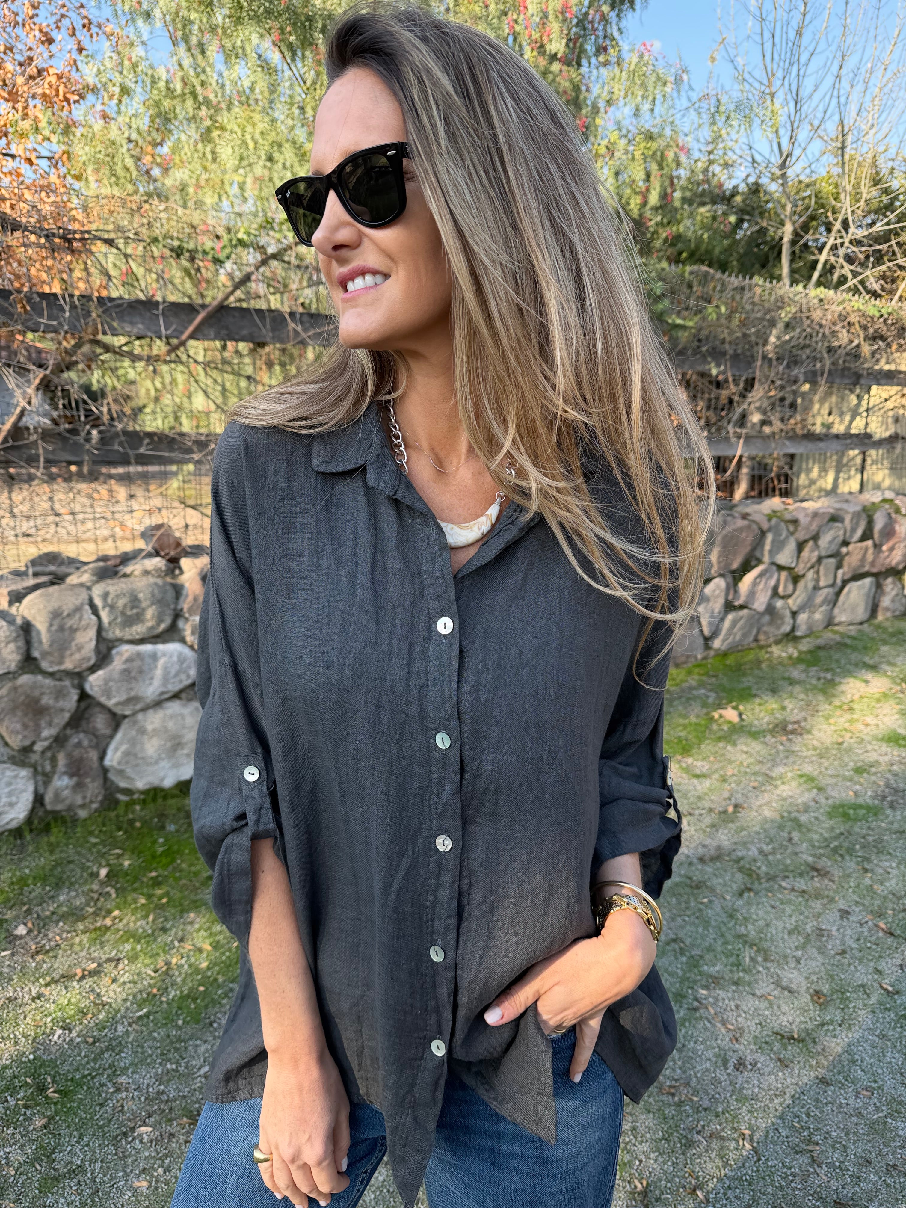 Blusón 100% lino camisera gris acero