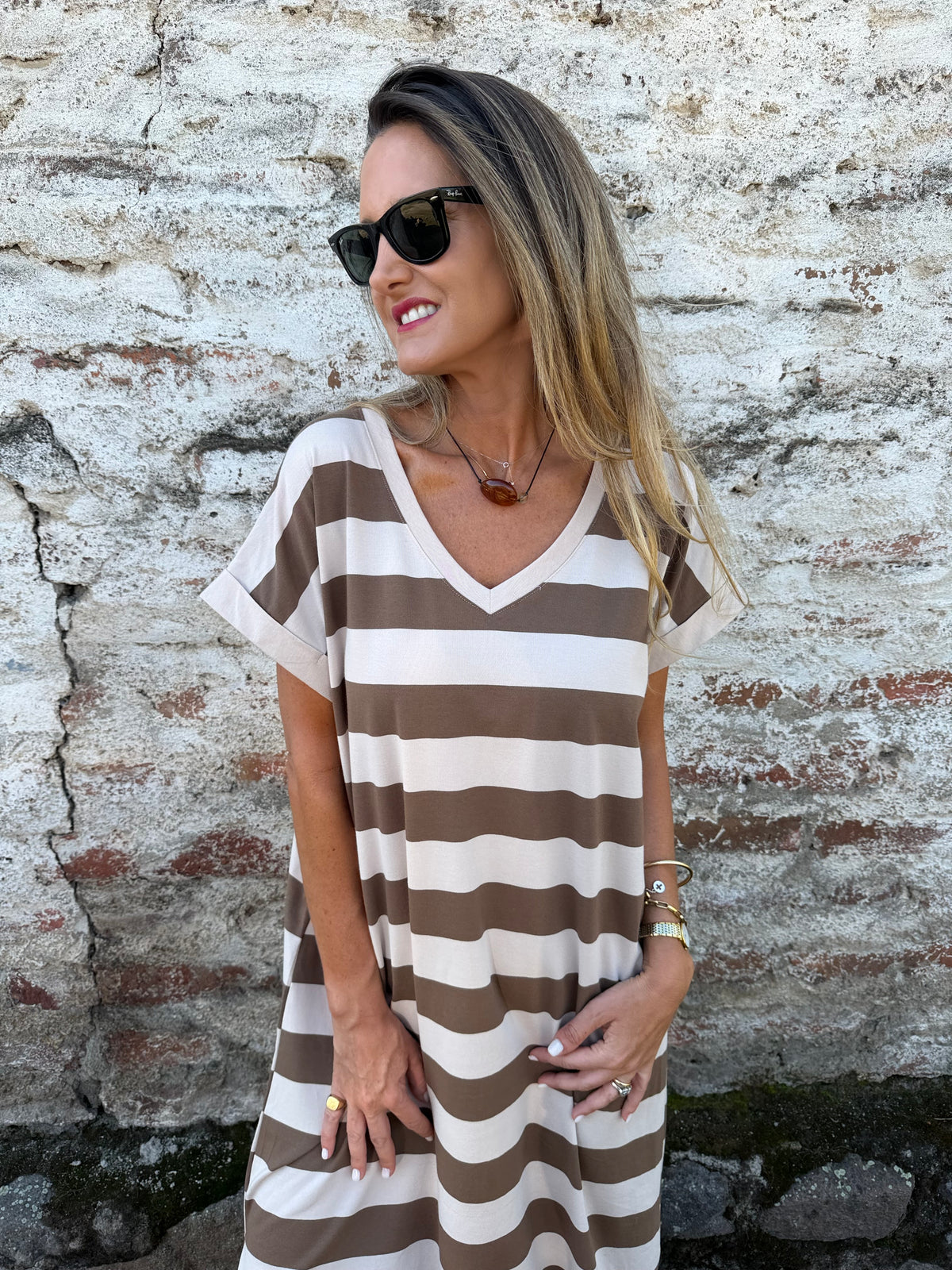 Vestido rayas beige