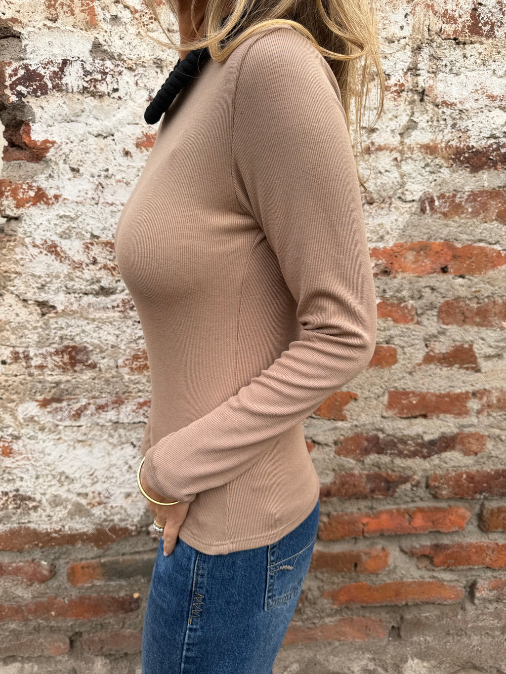 New polera algodón/ micropolar cuello alto redondo camel