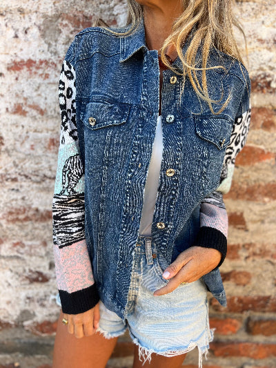 Chaqueta bluejean detalles lana azul