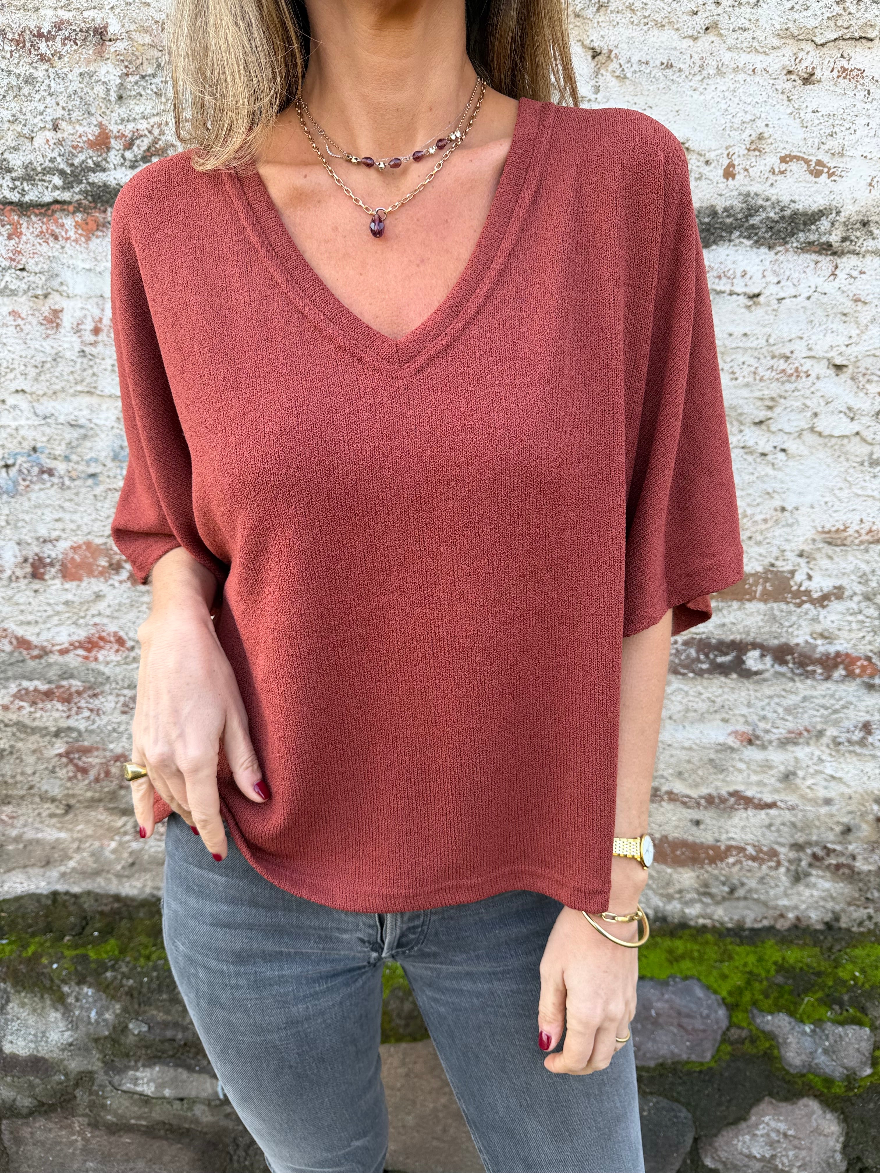Polera tejida mangas amplias terracota