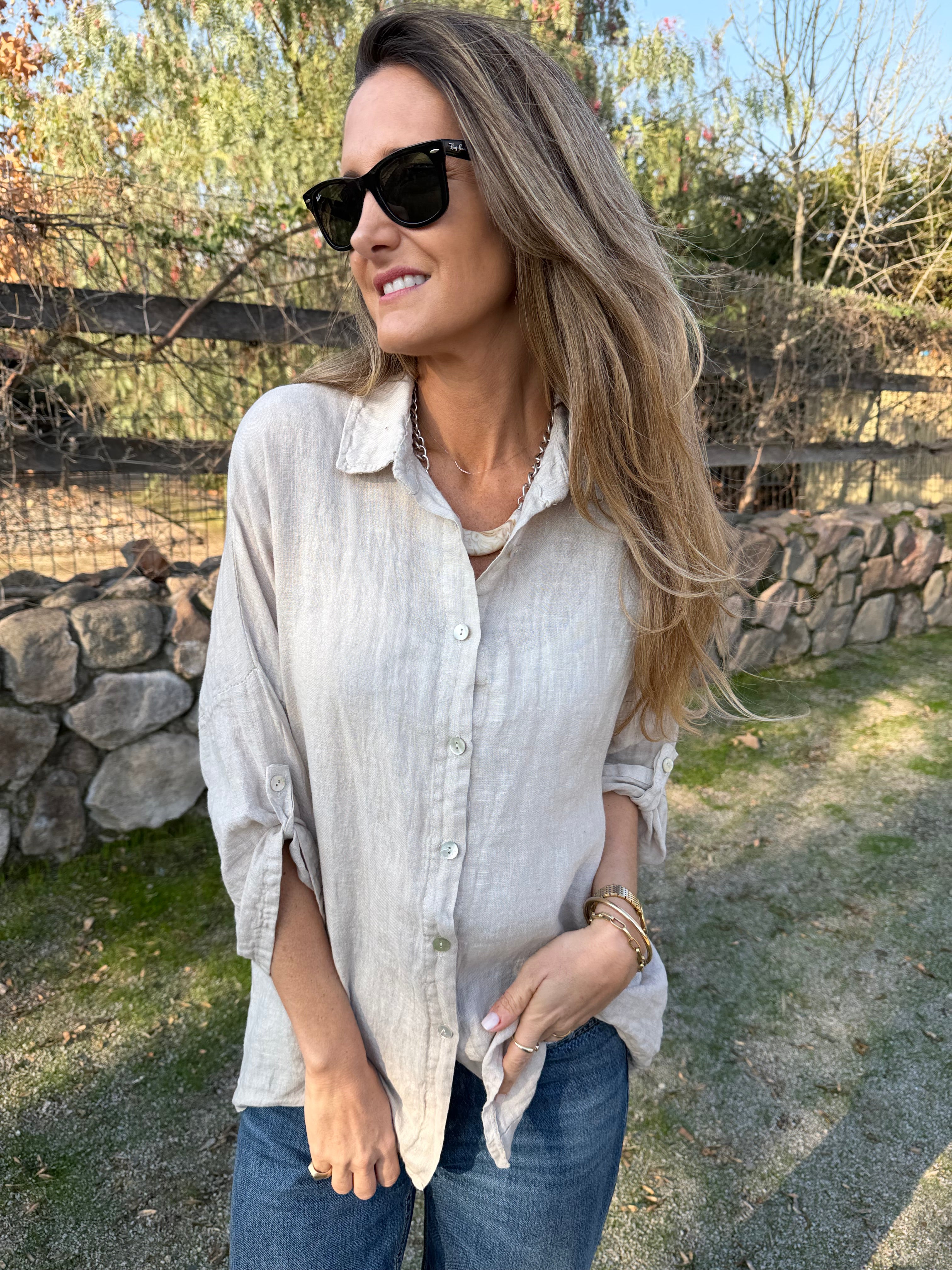 Blusón 100% lino camisera beige
