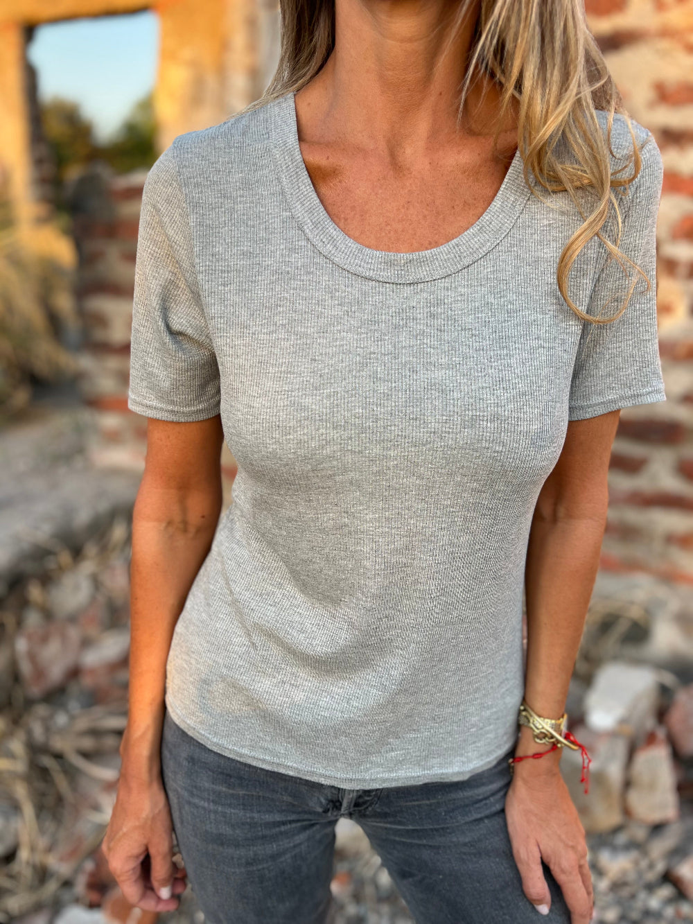 Polera básica cuello redondo acanalada gris