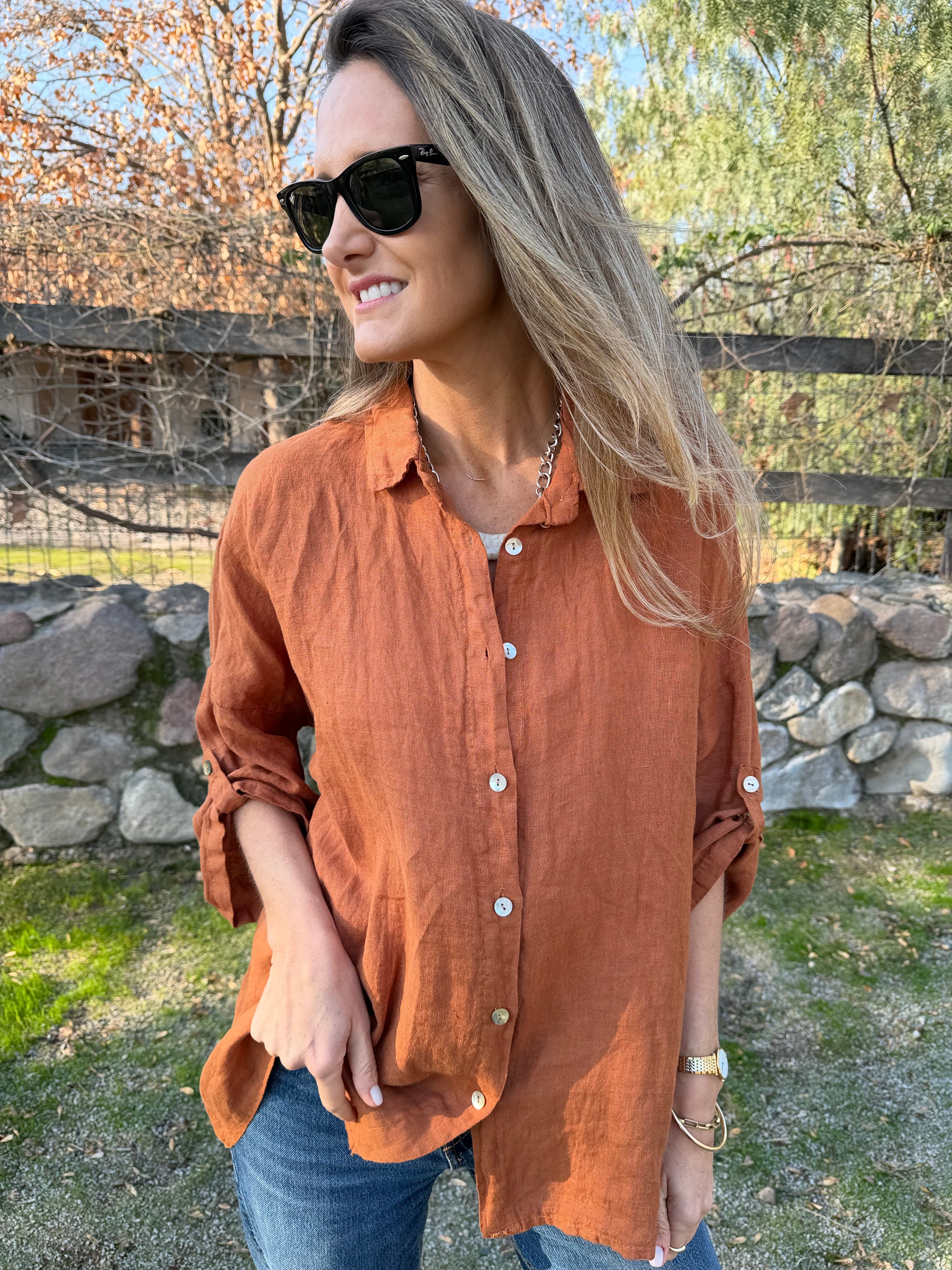 Blusón 100% lino camisera terracota